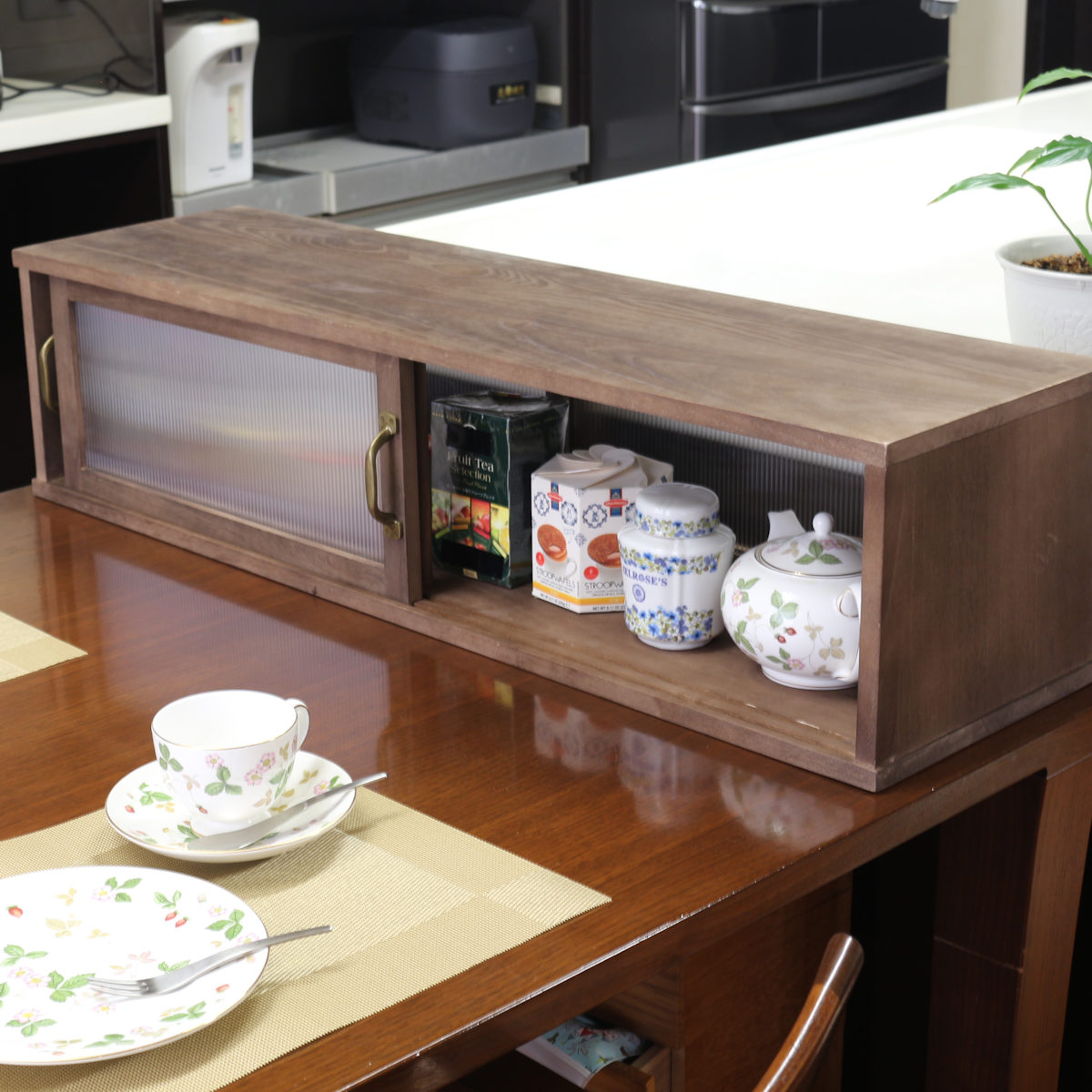 カウンター上収納 アンティーク風 カウンター上収納庫 幅90cm キッチン ( カウンターラック カップボード スパイスラック 卓上ラック ショーケース 引き戸 調味料ラック カウンター上 卓上 台所収納 木製 コンパクト スリム )