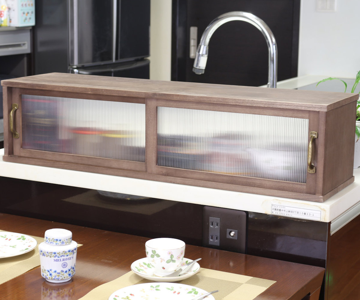 カウンター上収納 アンティーク風 カウンター上収納庫 幅90cm キッチン ( カウンターラック カップボード スパイスラック 卓上ラック ショーケース 引き戸 調味料ラック カウンター上 卓上 台所収納 木製 コンパクト スリム )