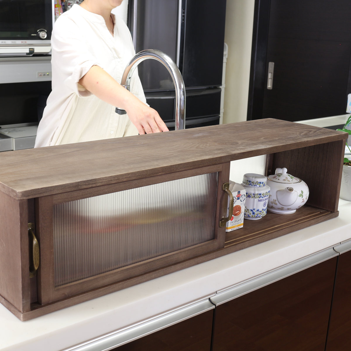 カウンター上収納 アンティーク風 カウンター上収納庫 幅90cm キッチン ( カウンターラック カップボード スパイスラック 卓上ラック ショーケース 引き戸 調味料ラック カウンター上 卓上 台所収納 木製 コンパクト スリム )