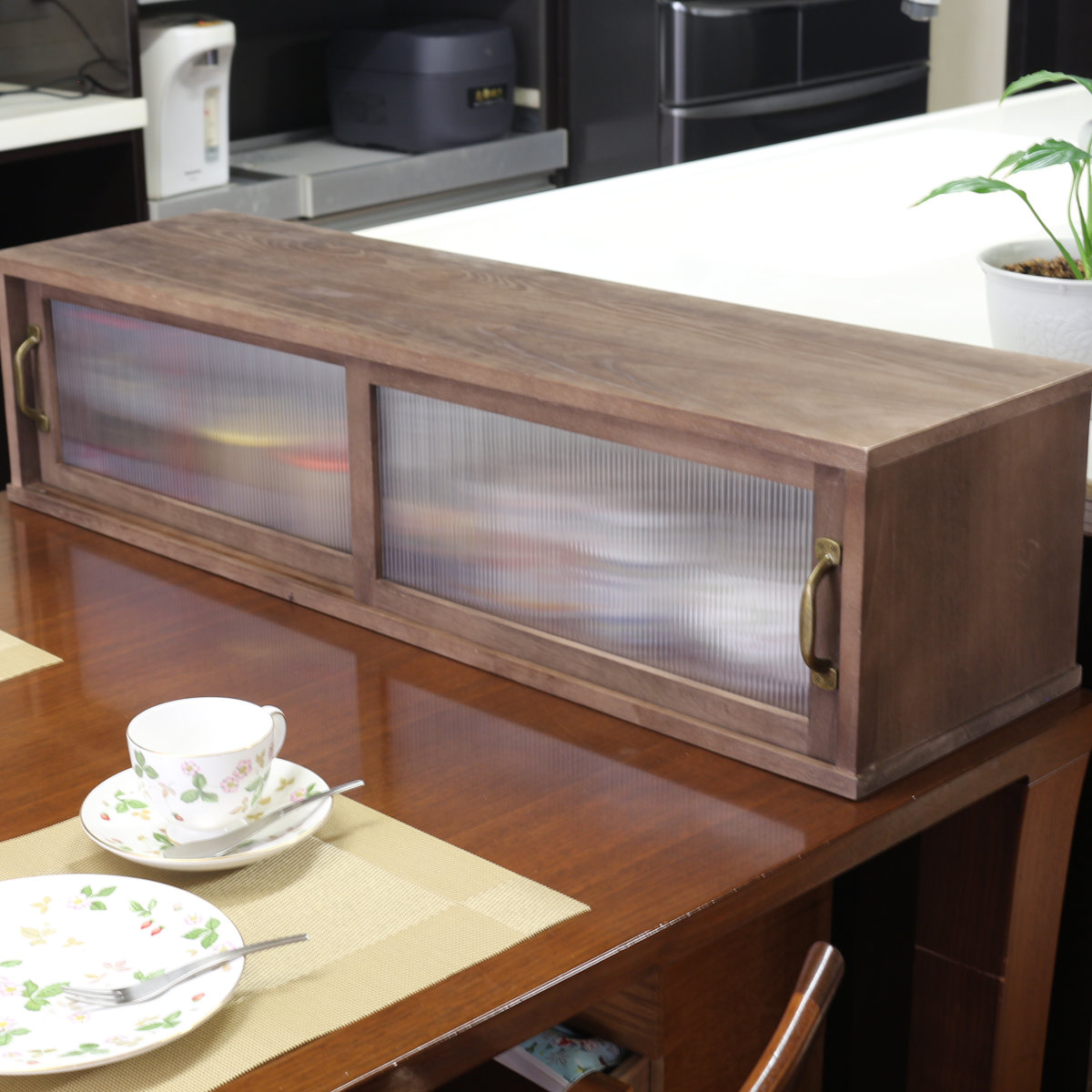 カウンター上収納 アンティーク風 カウンター上収納庫 幅90cm キッチン ( カウンターラック カップボード スパイスラック 卓上ラック ショーケース 引き戸 調味料ラック カウンター上 卓上 台所収納 木製 コンパクト スリム )