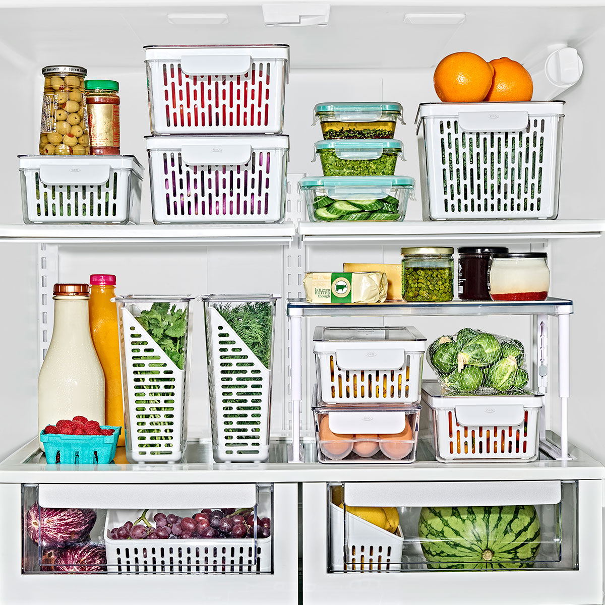 OXO オクソー 保存容器 ベジタブルキーパー ラージ ( プラスチック コンテナ 野菜保存容器 野菜用保存容器 ザル付き 水切り 食洗機対応 野菜用保存かご 野菜 保存 ベジタブル サラダボウル ハンドル付き 仕切り付き 冷蔵庫 透明 )