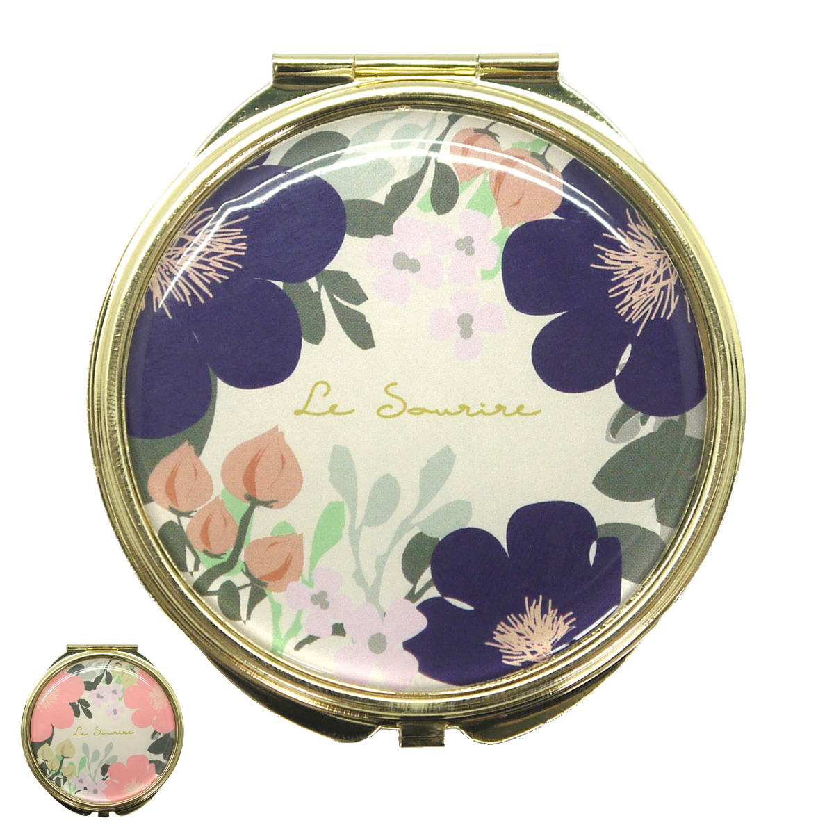 手鏡 両面 コンパクトミラー ルソイーユ （ 鏡 ミラー ダブルミラー 拡大鏡 日本製 小さめサイズ コンパクト 持ち運び 折りたたみ 花柄 フラワーネイビー フラワーピンク ） 【フラワーピンク】