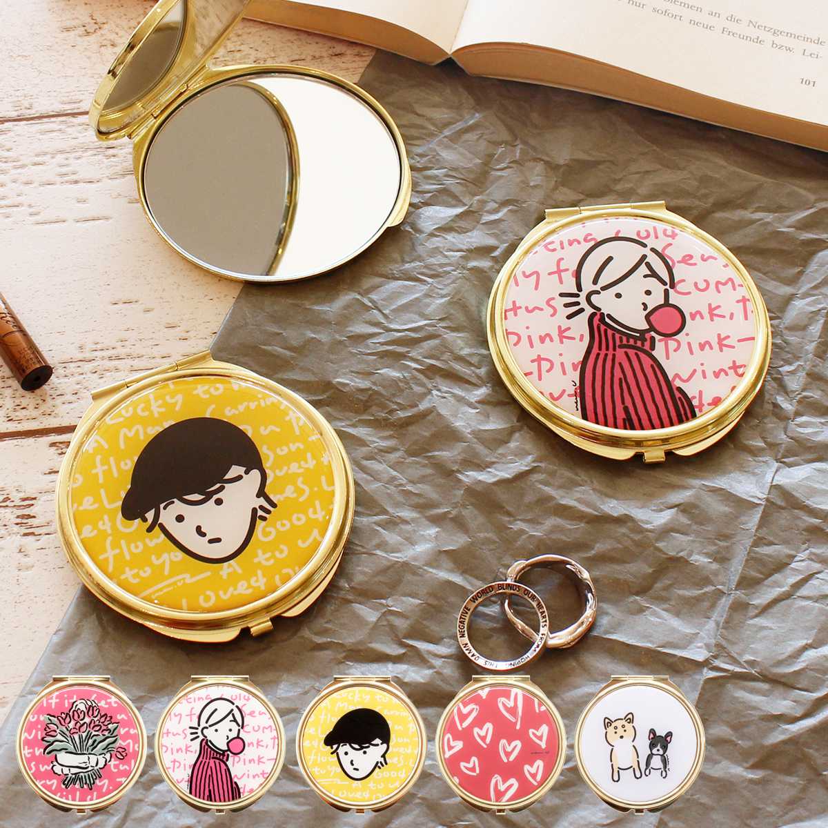 手鏡 両面 コンパクトミラー ルソイーユ ucaU （ 鏡 ミラー ダブルミラー 拡大鏡 日本製 小さめサイズ コンパクト 持ち運び 折りたたみ イラストレーター コラボ イラスト ユカユウ ） 【ガール】