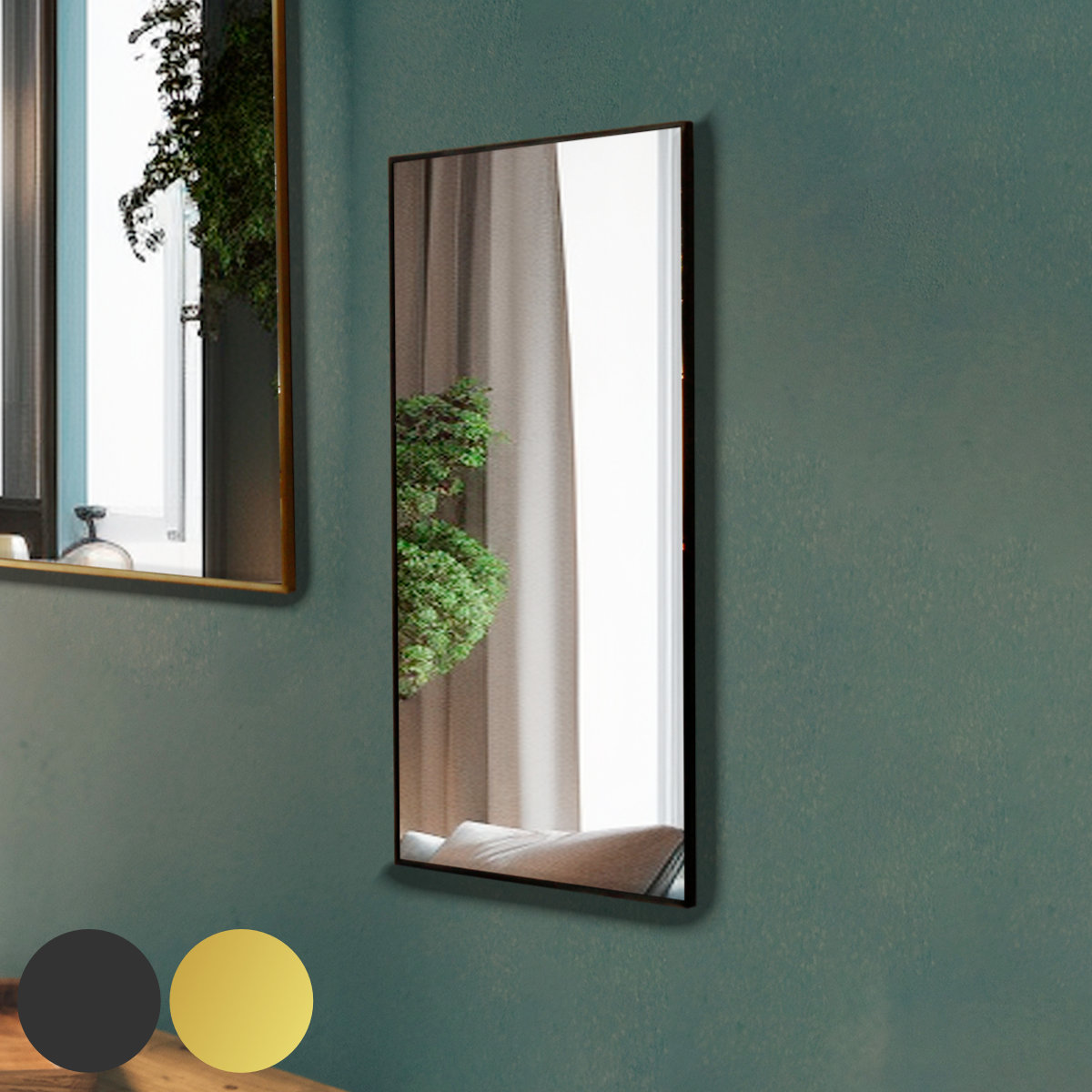 ウォールミラー 長方形 真鍮 ヴィンテージ風 オディエ ( 鏡 ミラー 全身鏡 壁掛け 全身 スリム 姿見 かがみ 20×40cm フレーム ブラック ゴールド シンプル ) 【ゴールド】