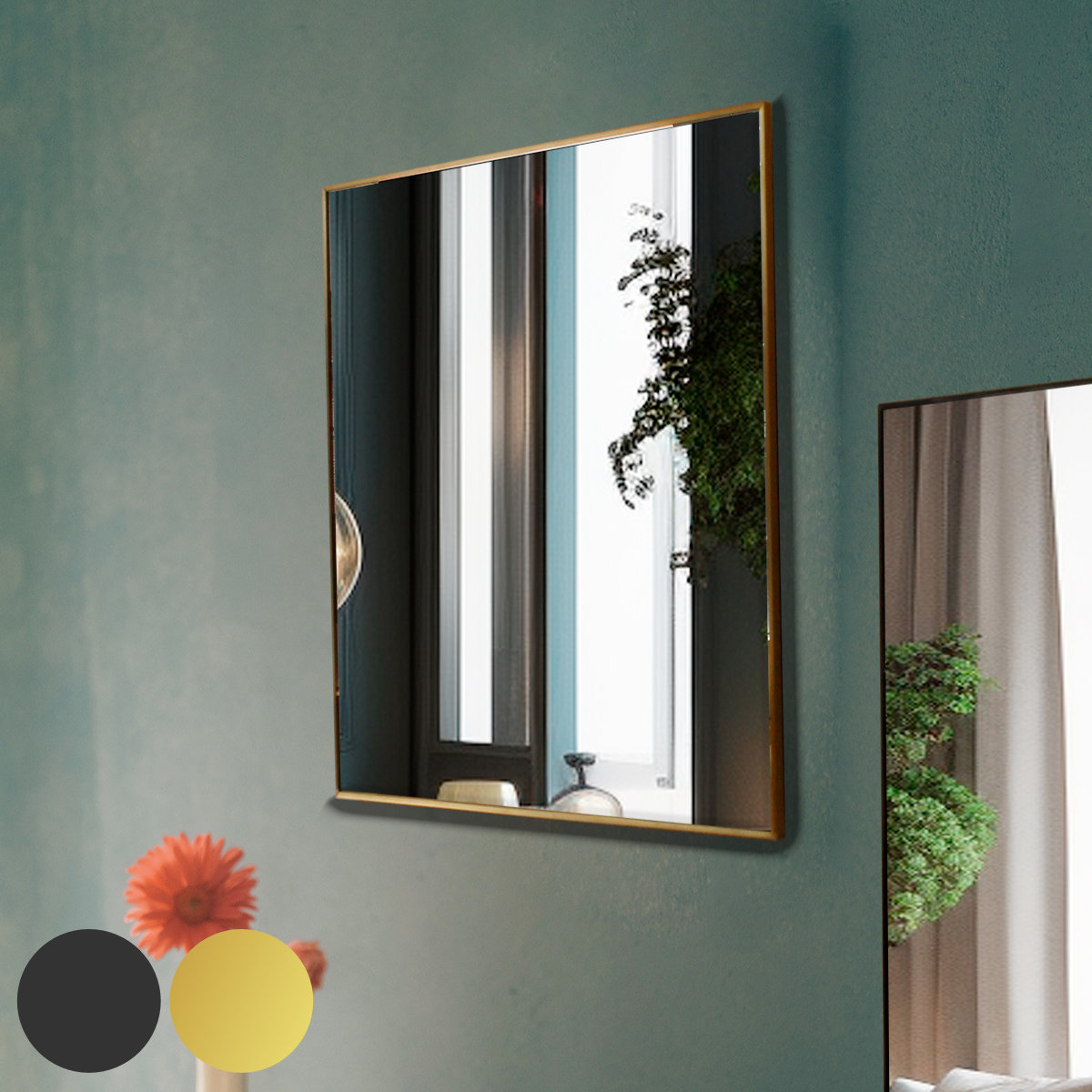 ウォールミラー 正方形 真鍮 ヴィンテージ風 オディエ ( 鏡 ミラー 全身鏡 壁掛け 全身 スリム 姿見 かがみ 40×40cm フレーム ブラック ゴールド シンプル ) 【ゴールド】
