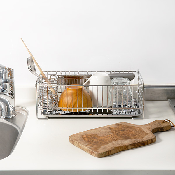 水切りラック スリム どこでも置けるトレー付き ステンレス製 アットアクア ( 水切りかご 水切りカゴ 水切りバスケット 水切りトレー ステンレス ディッシュラック シンク上 シンクサイド 水切り 洗い物 食器洗い 乾燥 )