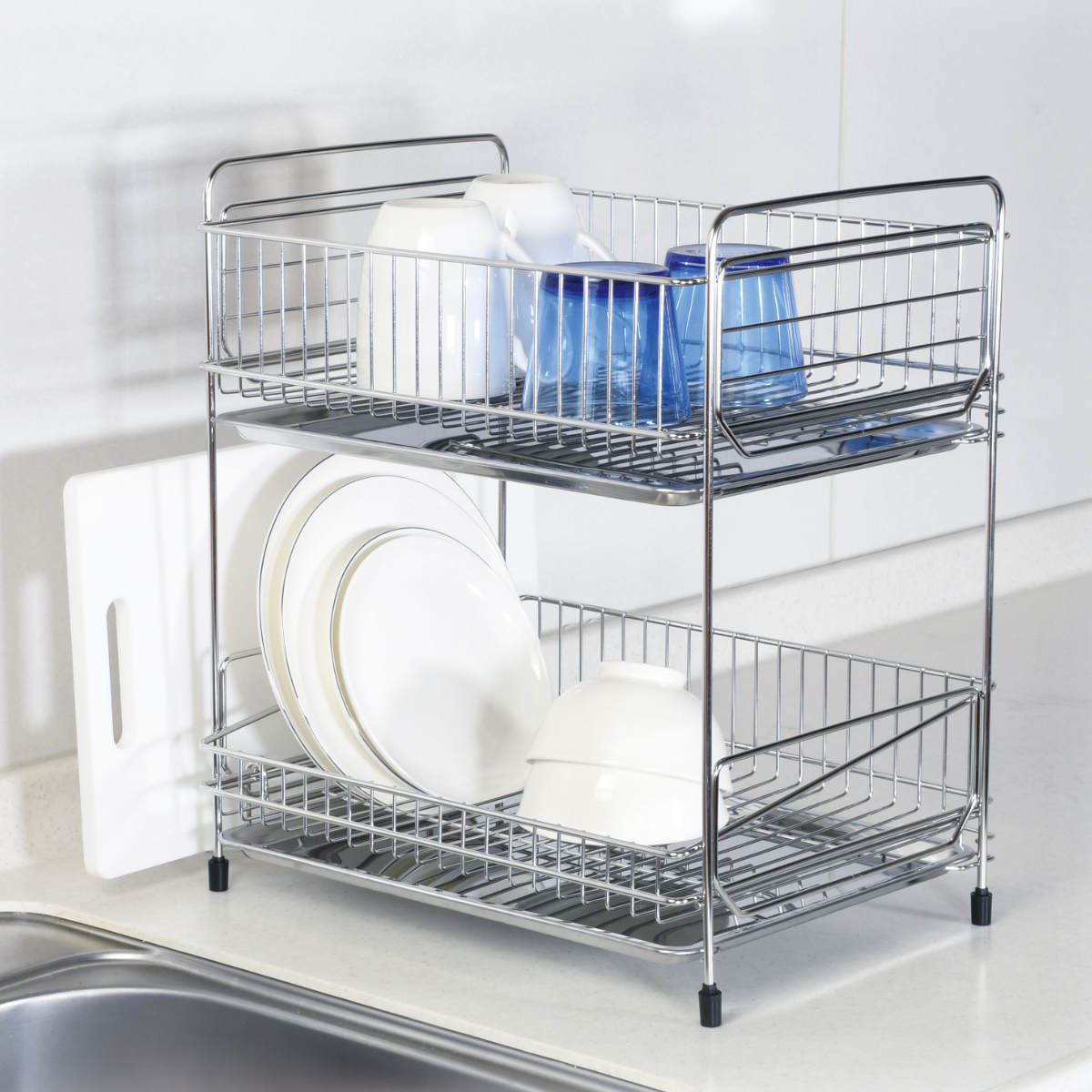 水切りラック 2段 ステンレス製 まな板受け付き アットアクア ( 水切りかご 水切りカゴ 水切りバスケット 二段 大容量 まな板受け付き シンク上 シンクサイド 水切り 洗い物 食器洗い 乾燥 )