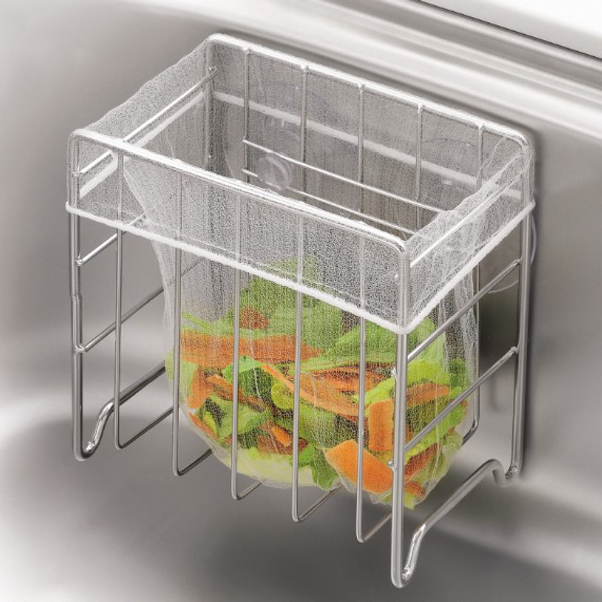 浮かせる シンクゴミかご ステンレス製 吸盤 アットアクア シンクバスケット ( 三角コーナー ごみ箱 ゴミ箱 生ごみ入れ 生ゴミ入れ 簡易ゴミ箱 簡易ごみ箱 生ごみ処理 生ゴミ処理 シンク 流し 生ごみ 生ゴミ )