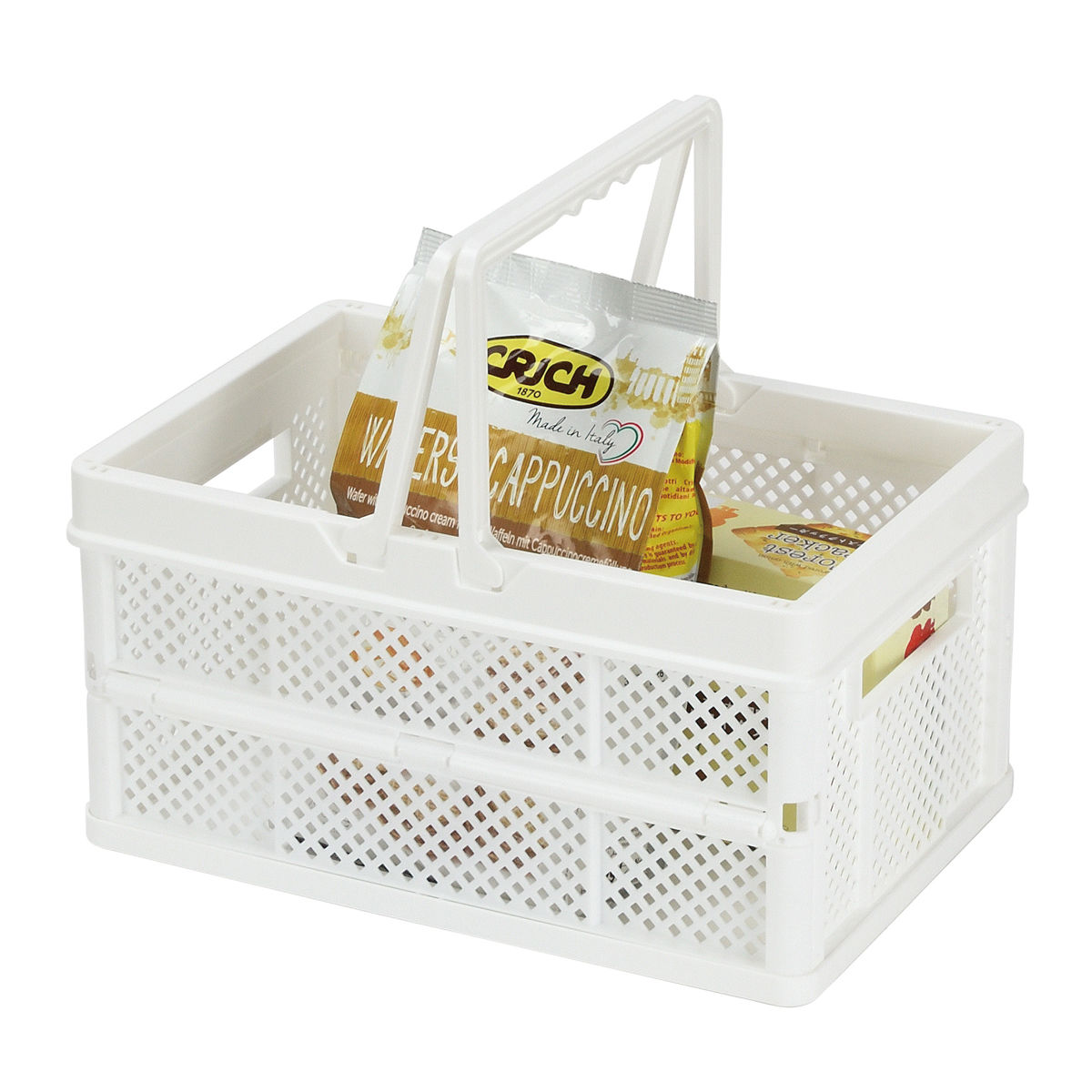 キッチン収納ケース キッチンスマイル 折りたたみ式 コンテナ 取っ手付 ( 収納ボックス 折りたたみ コンパクト 収納 持ち手付き 日本製 コンテナボックス 積み重ね スタッキング アウトドア 買い物 かご 食品ストック 日用品 白 )