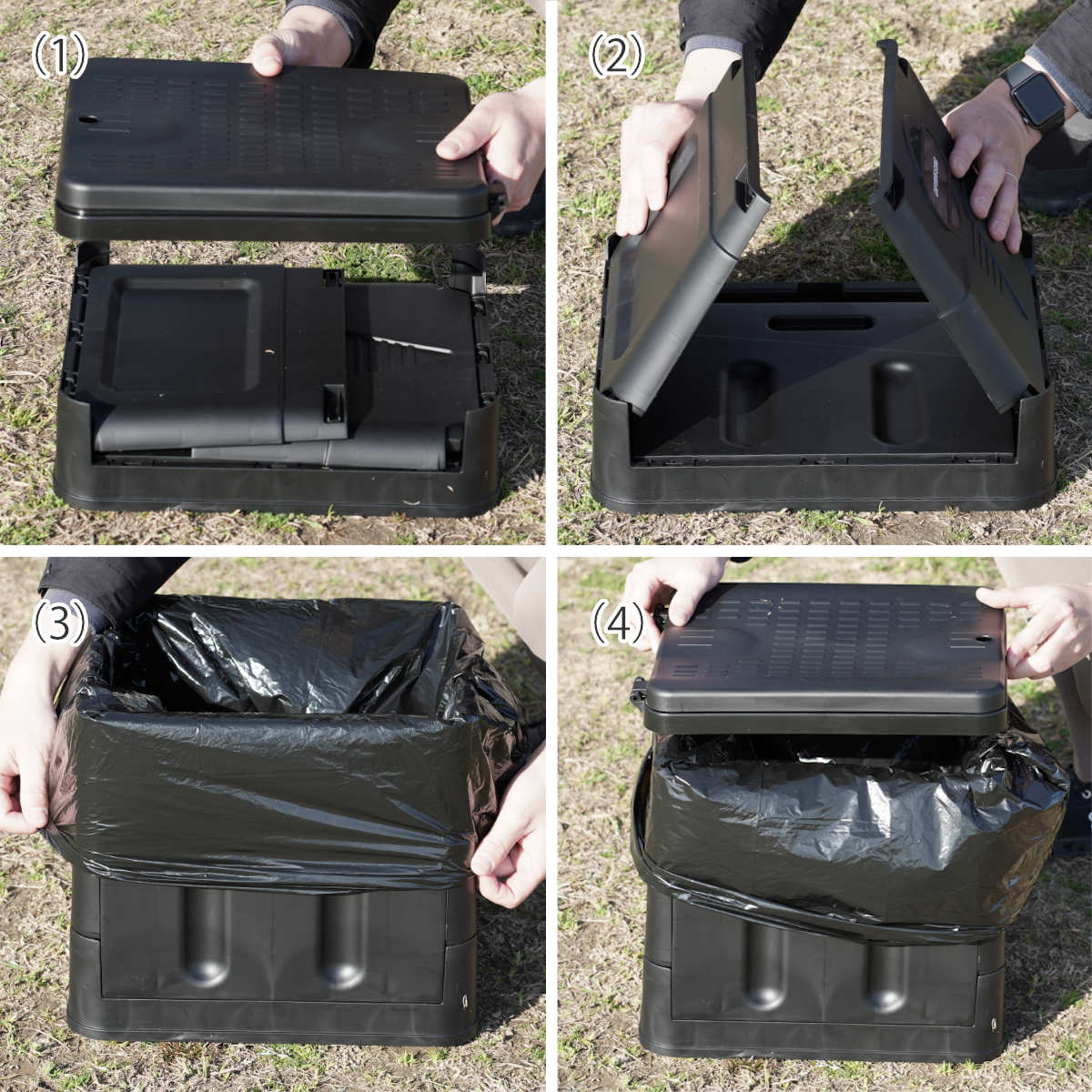 簡易トイレ ポータブルトイレ スクウェア 折りたたみ コンパクト ゴミ袋 凝固剤 収納袋付き ( 携帯トイレ 災害用トイレ 非常用トイレ 防災グッズ 災害 防災 災害時 持ち運び 折り畳み 寝室 簡易 緊急時 黒 ブラック おしゃれ )