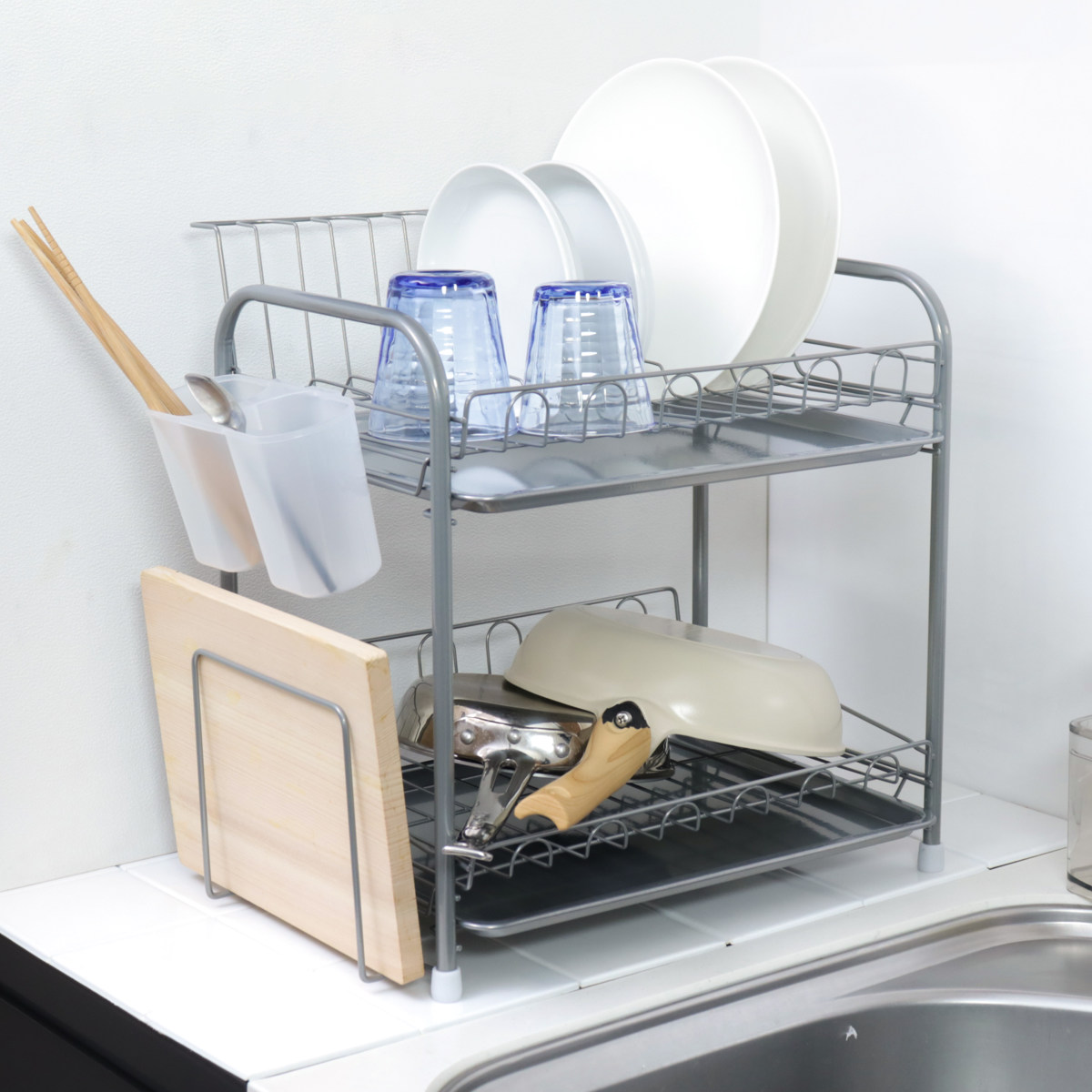 水切りラック シンプル・ウェア 2段式水切りバスケット ( カトラリーポケット付き 2段 シンク上 シンクサイド 水切りバスケット 水切り ラック 水切りかご ディッシュラック 食器洗い 皿洗い 洗い物 食器 洗い 乾燥 大容量 二段 )