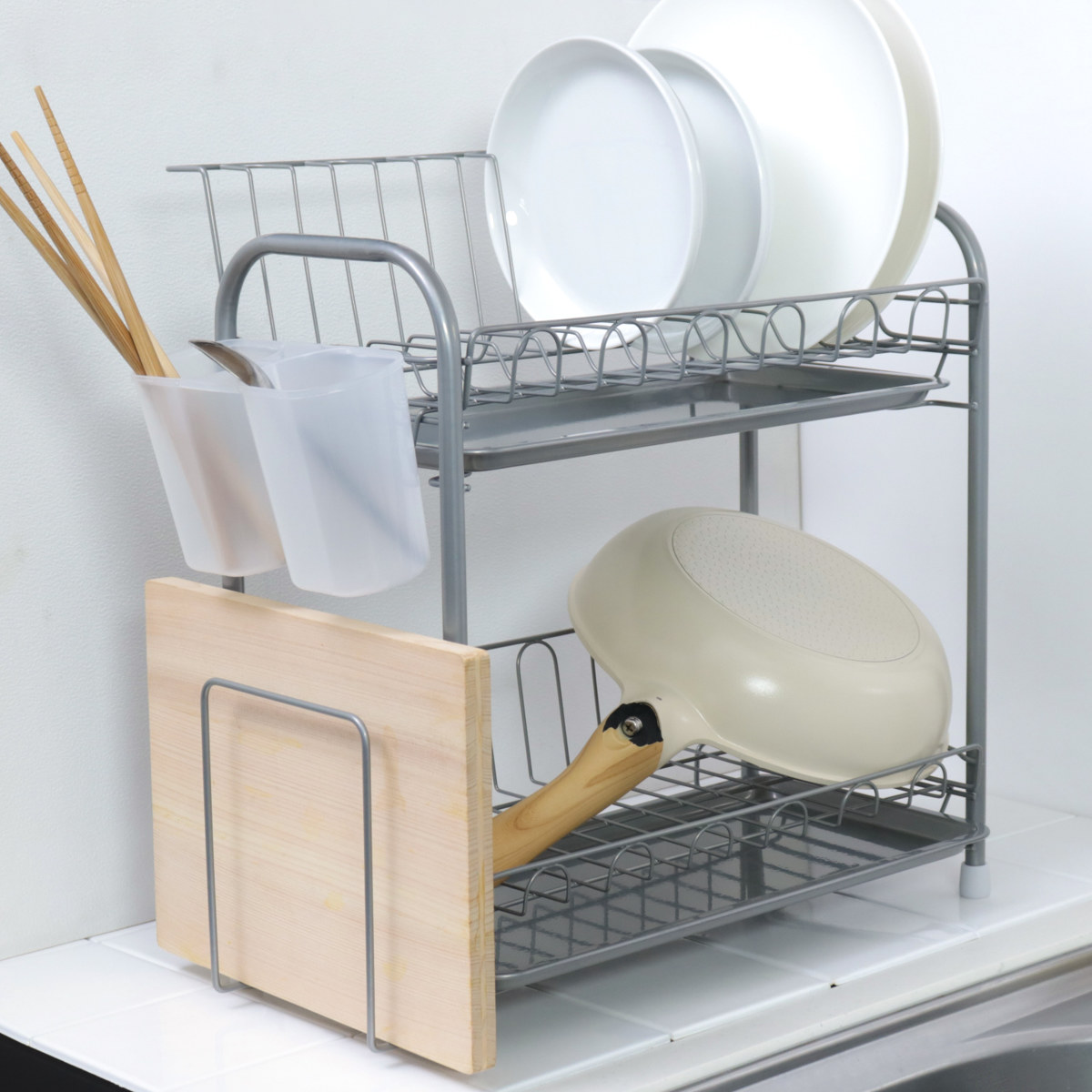 水切りラック シンプル・ウェア スリム2段式水切りバスケット ( カトラリーポケット付き 2段 スリム シンク上 シンクサイド 水切りバスケット 水切り ラック 水切りかご 食器洗い 皿洗い 洗い物 食器 洗い 乾燥 二段 )