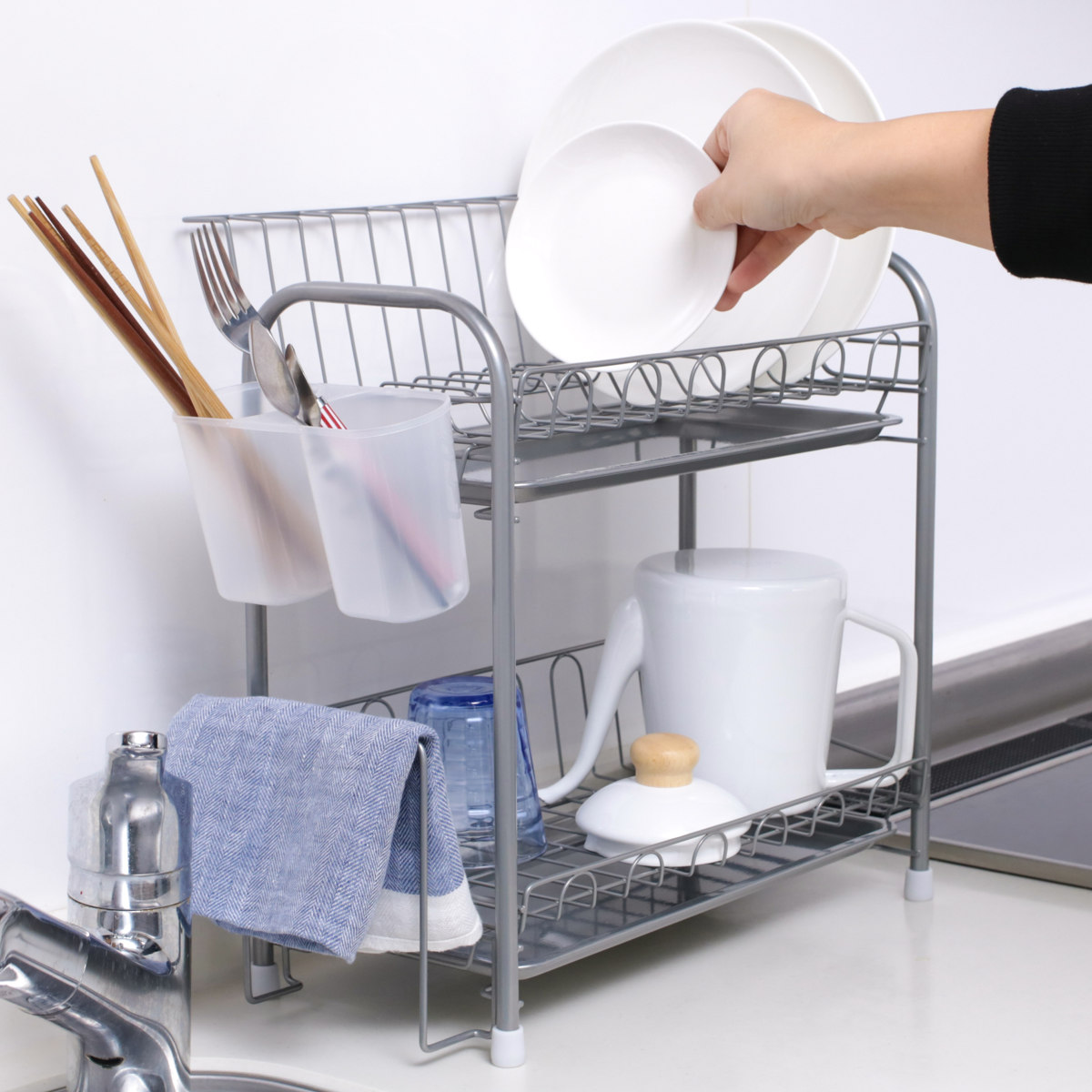 水切りラック シンプル・ウェア スリム2段式水切りバスケット ( カトラリーポケット付き 2段 スリム シンク上 シンクサイド 水切りバスケット 水切り ラック 水切りかご 食器洗い 皿洗い 洗い物 食器 洗い 乾燥 二段 )