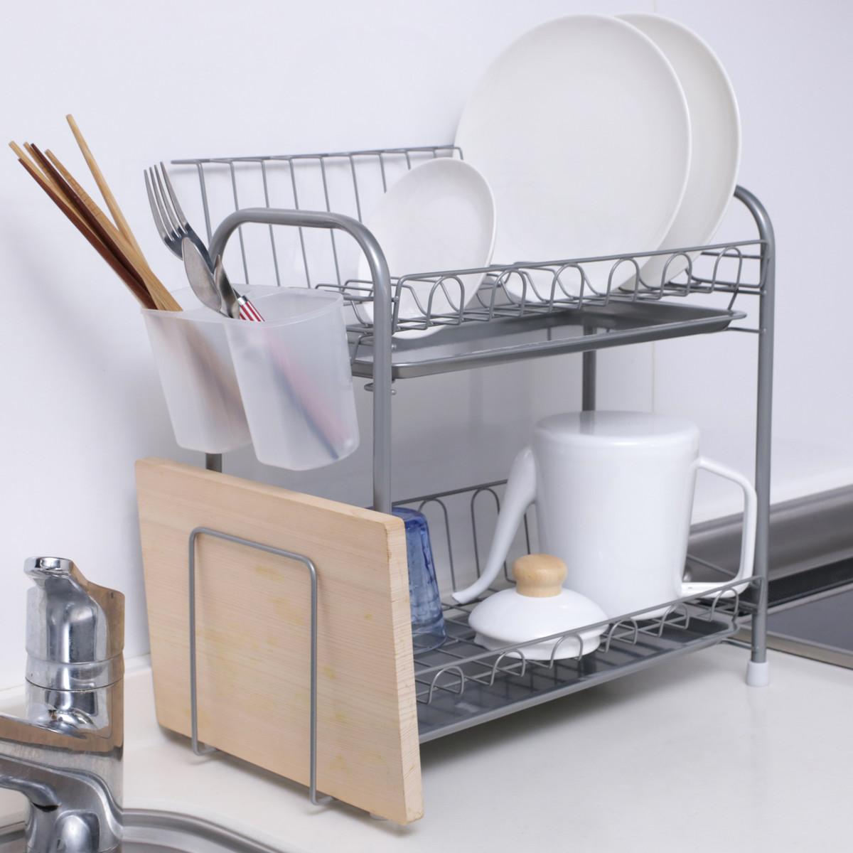 水切りラック シンプル・ウェア スリム2段式水切りバスケット ( カトラリーポケット付き 2段 スリム シンク上 シンクサイド 水切りバスケット 水切り ラック 水切りかご 食器洗い 皿洗い 洗い物 食器 洗い 乾燥 二段 )