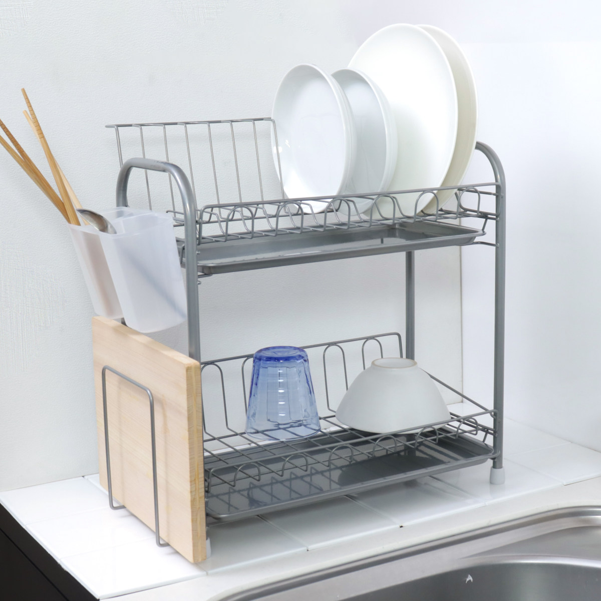 水切りラック シンプル・ウェア スリム2段式水切りバスケット ( カトラリーポケット付き 2段 スリム シンク上 シンクサイド 水切りバスケット 水切り ラック 水切りかご 食器洗い 皿洗い 洗い物 食器 洗い 乾燥 二段 )