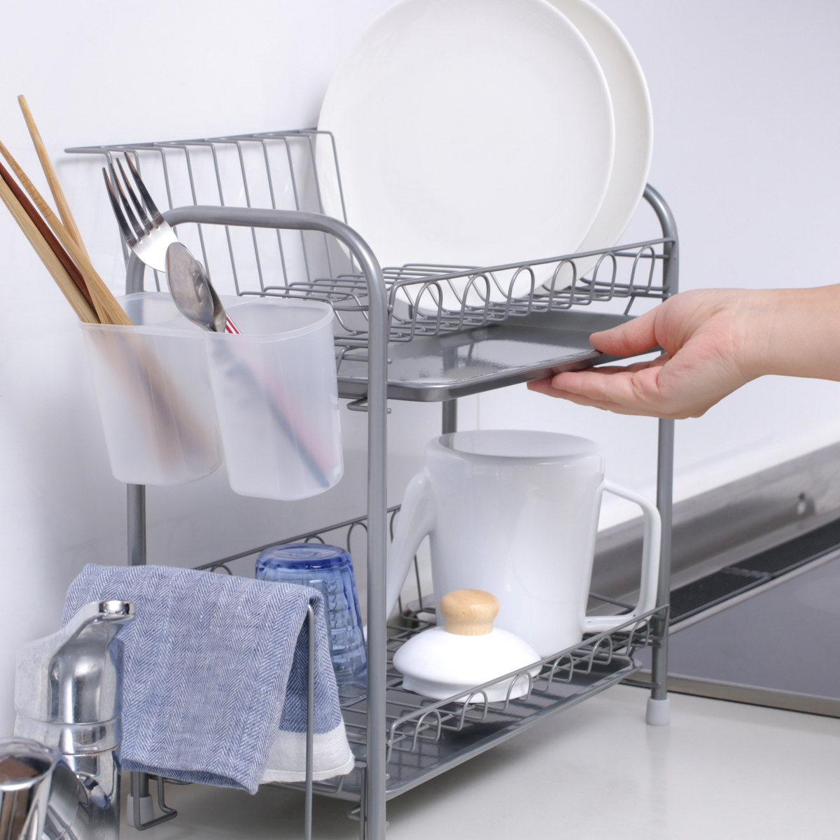 水切りラック シンプル・ウェア スリム2段式水切りバスケット ( カトラリーポケット付き 2段 スリム シンク上 シンクサイド 水切りバスケット 水切り ラック 水切りかご 食器洗い 皿洗い 洗い物 食器 洗い 乾燥 二段 )
