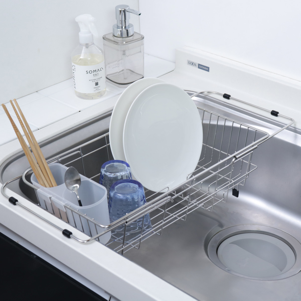水切りラック シンプル・ウェア ステンレス製シンクスライド式水切りバスケット ( ステンレス 1段 シンク上 伸縮 スライド式 水切りバスケット かご ラック シンク 渡せる 水切り シンク渡し 新生活 洗い物 食器 洗い )
