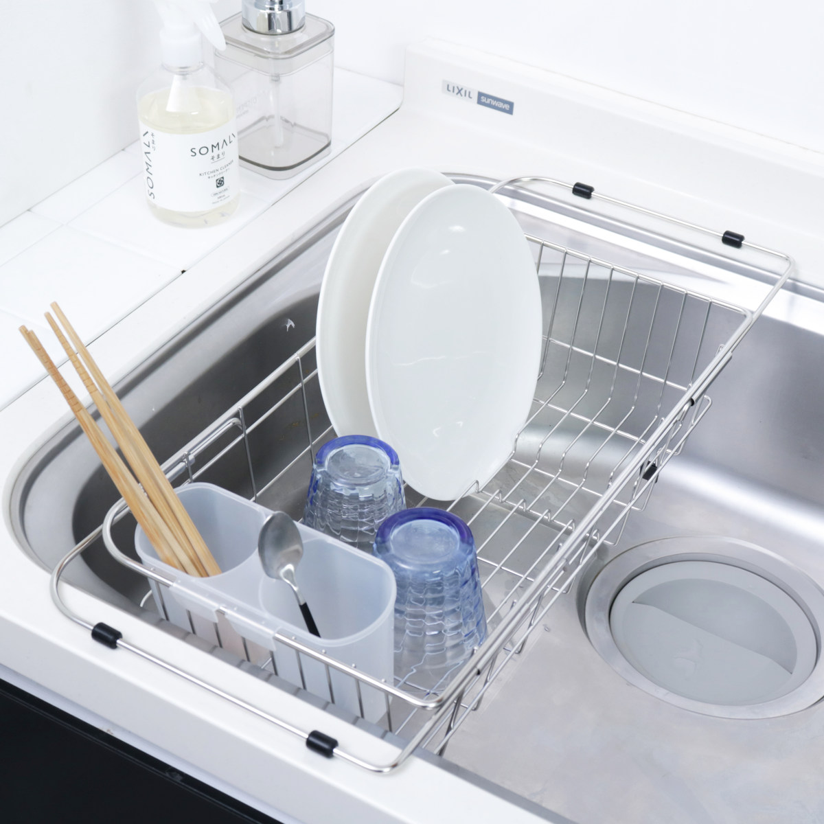 水切りラック シンプル・ウェア ステンレス製シンクスライド式水切りバスケット ( ステンレス 1段 シンク上 伸縮 スライド式 水切りバスケット かご ラック シンク 渡せる 水切り シンク渡し 新生活 洗い物 食器 洗い )
