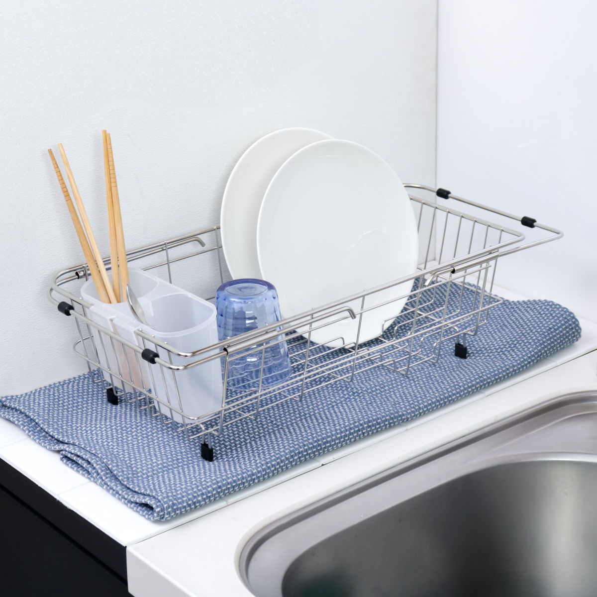 水切りラック シンプル・ウェア ステンレス製シンクスライド式水切りバスケット ( ステンレス 1段 シンク上 伸縮 スライド式 水切りバスケット かご ラック シンク 渡せる 水切り シンク渡し 新生活 洗い物 食器 洗い )