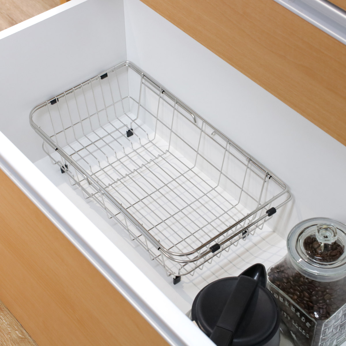 水切りラック シンプル・ウェア ステンレス製シンクスライド式水切りバスケット ( ステンレス 1段 シンク上 伸縮 スライド式 水切りバスケット かご ラック シンク 渡せる 水切り シンク渡し 新生活 洗い物 食器 洗い )