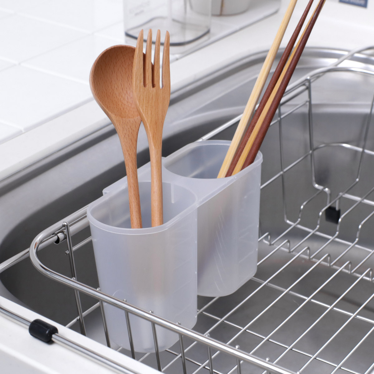 水切りラック シンプル・ウェア ステンレス製シンクスライド式水切りバスケット ( ステンレス 1段 シンク上 伸縮 スライド式 水切りバスケット かご ラック シンク 渡せる 水切り シンク渡し 新生活 洗い物 食器 洗い )