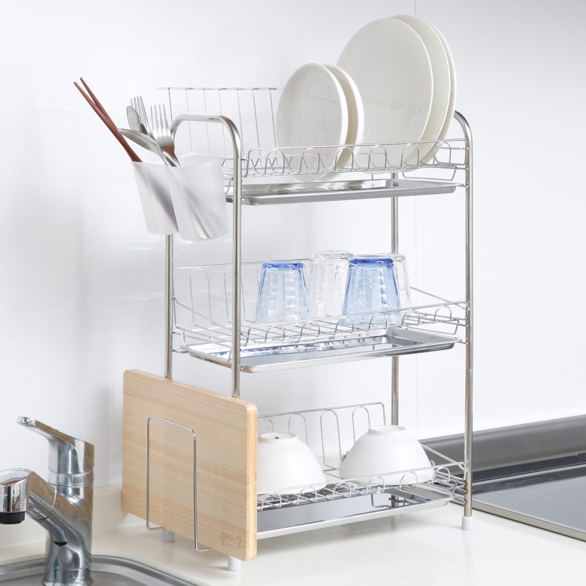 水切りラック シエラ ステンレス製 3段式 水切りバスケット レギュラー ( 水切りかご 水切りトレー ステンレス 大容量 水切り 洗い物 食器 洗い 乾燥 ラック ディッシュラック コンパクト まな板 グラス 皿 カトラリーポケット )
