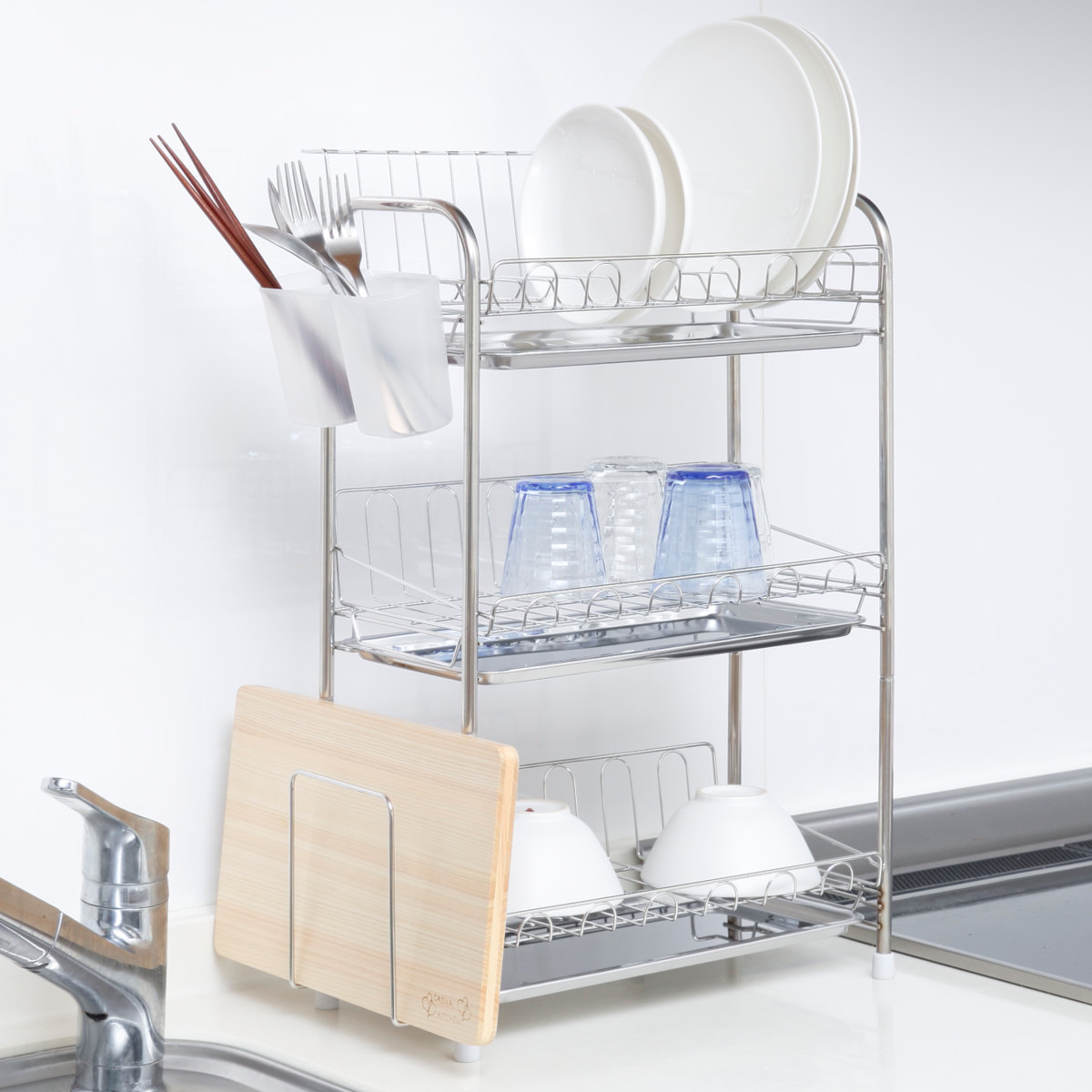 水切りラック シエラ ステンレス製 3段式 水切りバスケット スリム ( 水切りかご 水切りトレー ステンレス 大容量 水切り 洗い物 食器 洗い 乾燥 ラック ディッシュラック コンパクト グラス 皿 カトラリーポケット )