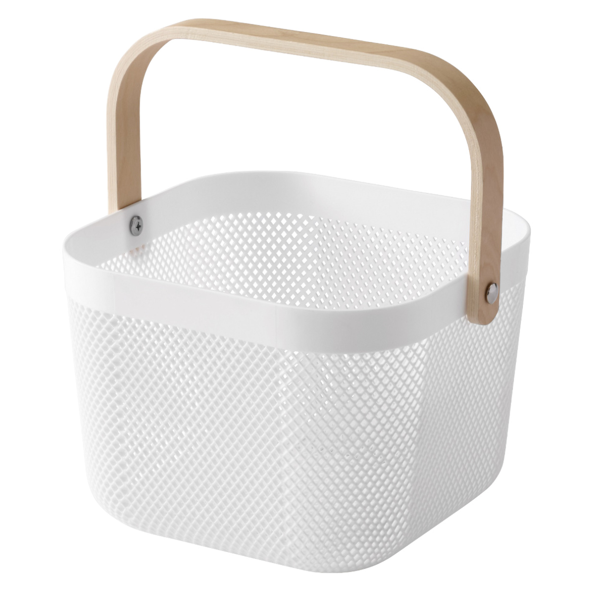 かご 木製 持ち手付き スクエアバスケット 幅24×奥行24×高さ18cm ( 収納 メッシュバスケット バスケット 収納バスケット プラスチック製 小物入れ カゴ ハンドル付き リビング キッチン おもちゃ タオル ストック おしゃれ ) 【ライトグレー】 ライトグレー