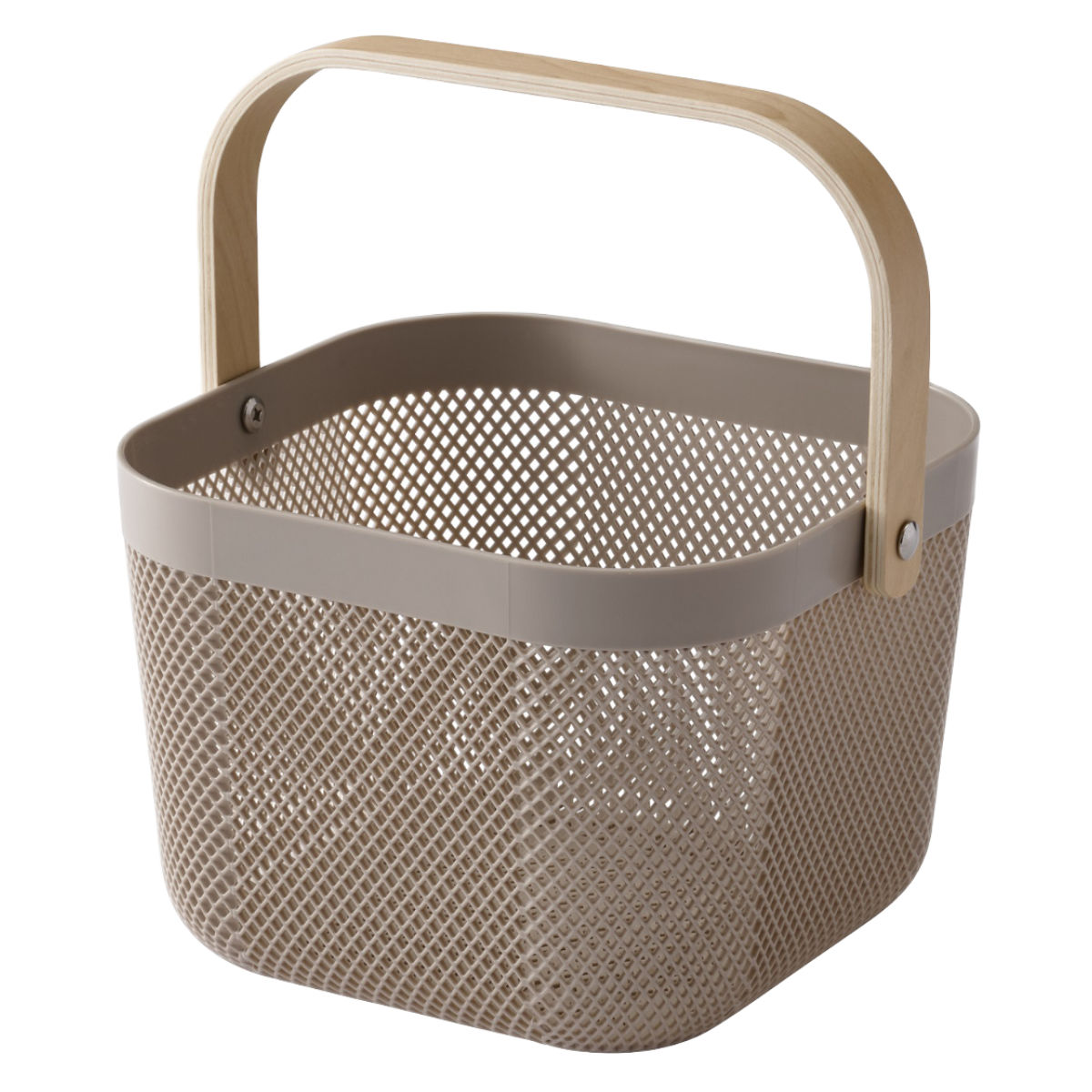 かご 木製 持ち手付き スクエアバスケット 幅24×奥行24×高さ18cm ( 収納 メッシュバスケット バスケット 収納バスケット プラスチック製 小物入れ カゴ ハンドル付き リビング キッチン おもちゃ タオル ストック おしゃれ ) 【ライトグレー】 ライトグレー