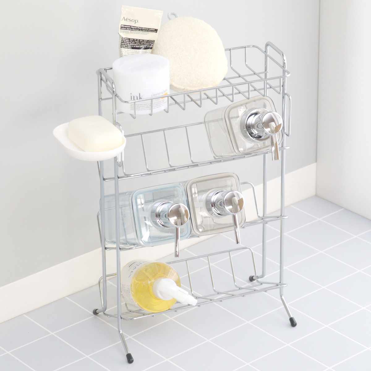 シャンプーラック 4段 バスストレージ お風呂 ラック バスラック 収納 ( バス収納 ディスペンサー スタンド 石けん皿 ボトル シャンプー コンディショナー ボディーソープ チューブ 石鹸 棚 風呂収納 整理 防サビ 掃除しやすい )