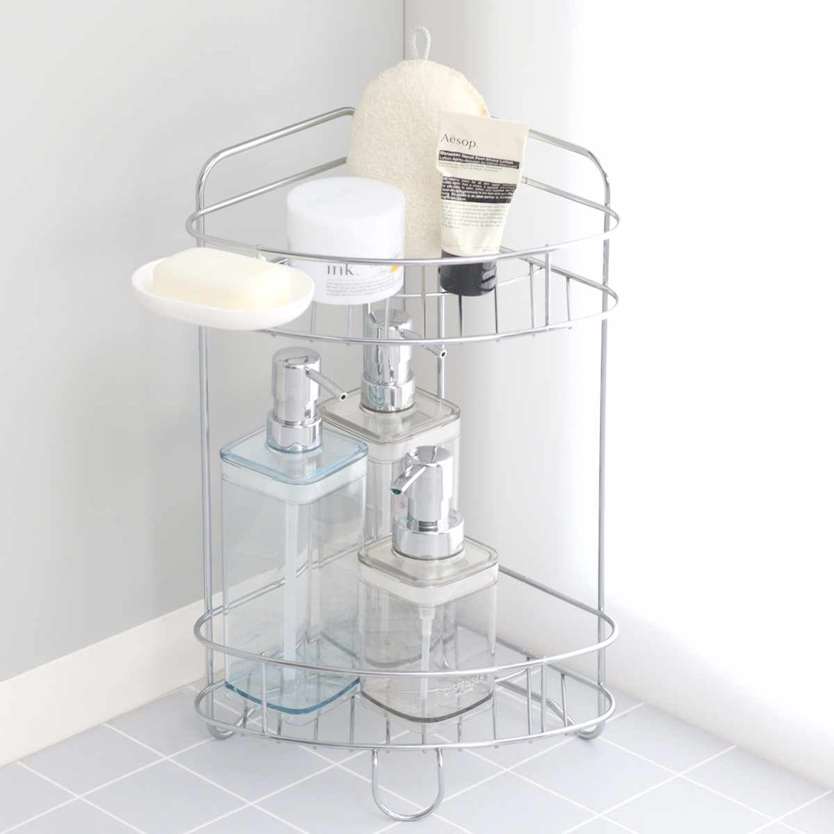 コーナーラック 2段 バスストレージ お風呂 ラック バスラック 収納 ( バス収納 ディスペンサー スタンド 石けん皿 ボトル シャンプー コンディショナー ボディーソープ チューブ 石鹸 棚 コーナー 角 整理 防サビ 掃除しやすい )