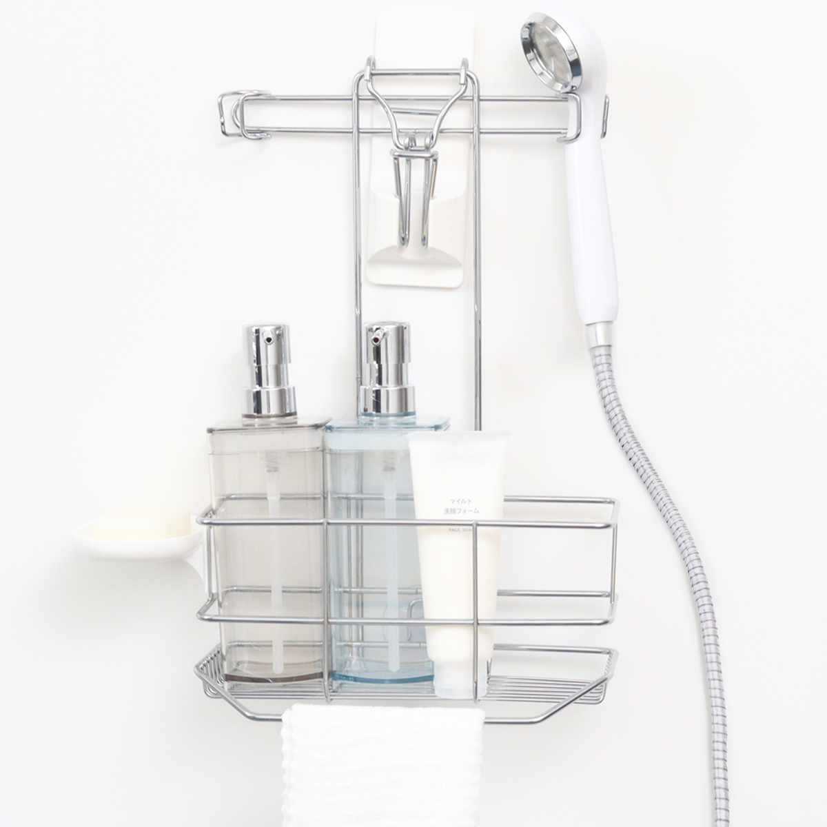 シャワーラック バスストレージ お風呂 ラック バスラック 収納 ( シャンプーラック 吊り下げ シャワーフック ボトルスタンド ボトル シャンプー コンディショナー ボディーソープ チューブ 棚 タオル フック 小物 整理 省スペース )