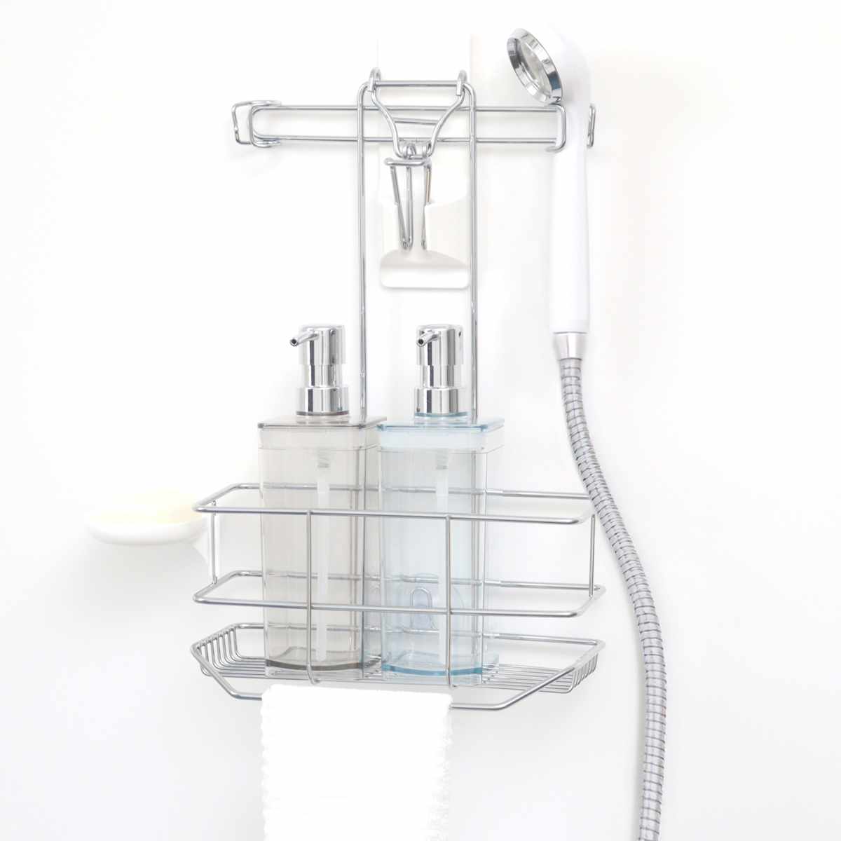 シャワーラック バスストレージ お風呂 ラック バスラック 収納 ( シャンプーラック 吊り下げ シャワーフック ボトルスタンド ボトル シャンプー コンディショナー ボディーソープ チューブ 棚 タオル フック 小物 整理 省スペース )