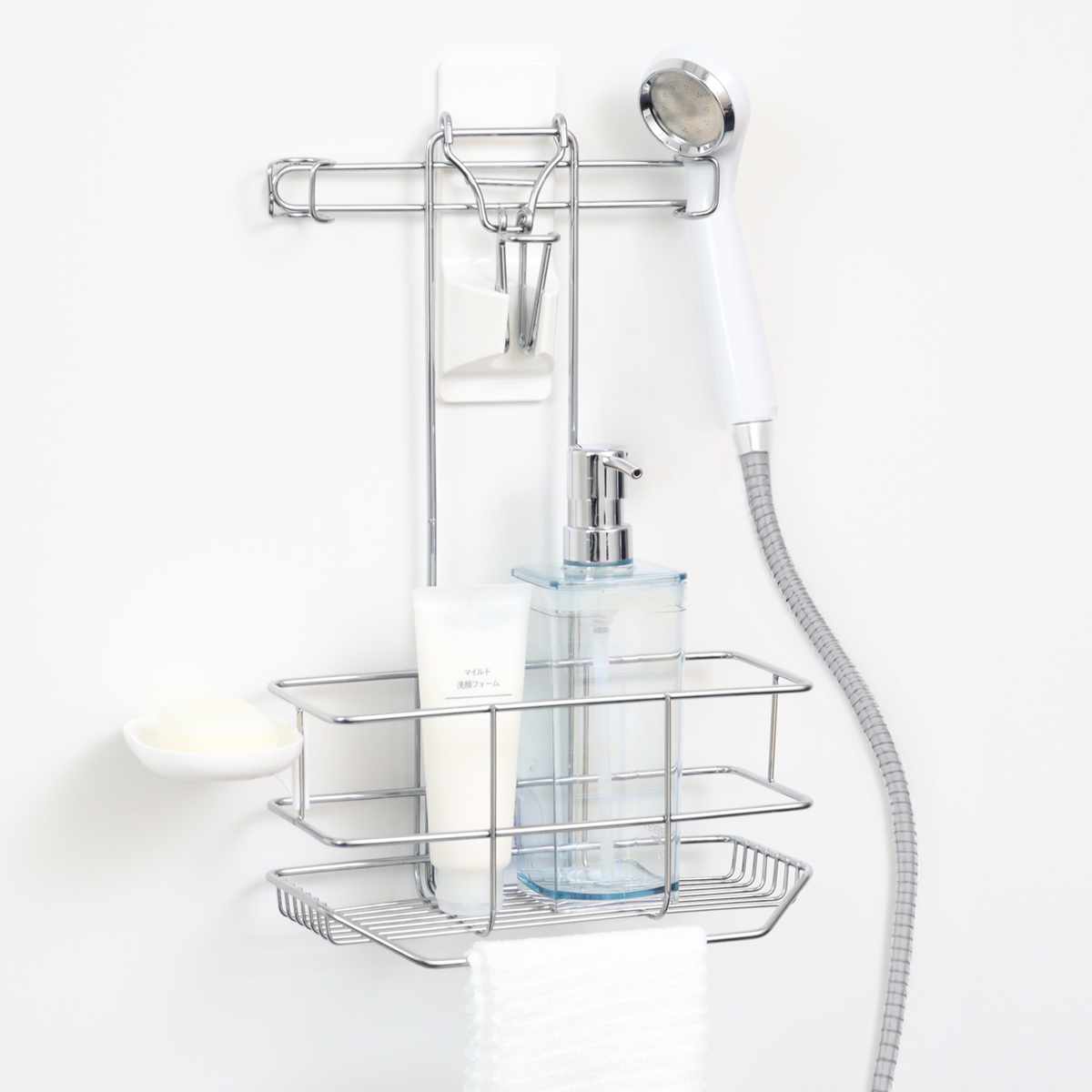 シャワーラック バスストレージ お風呂 ラック バスラック 収納 ( シャンプーラック 吊り下げ シャワーフック ボトルスタンド ボトル シャンプー コンディショナー ボディーソープ チューブ 棚 タオル フック 小物 整理 省スペース )
