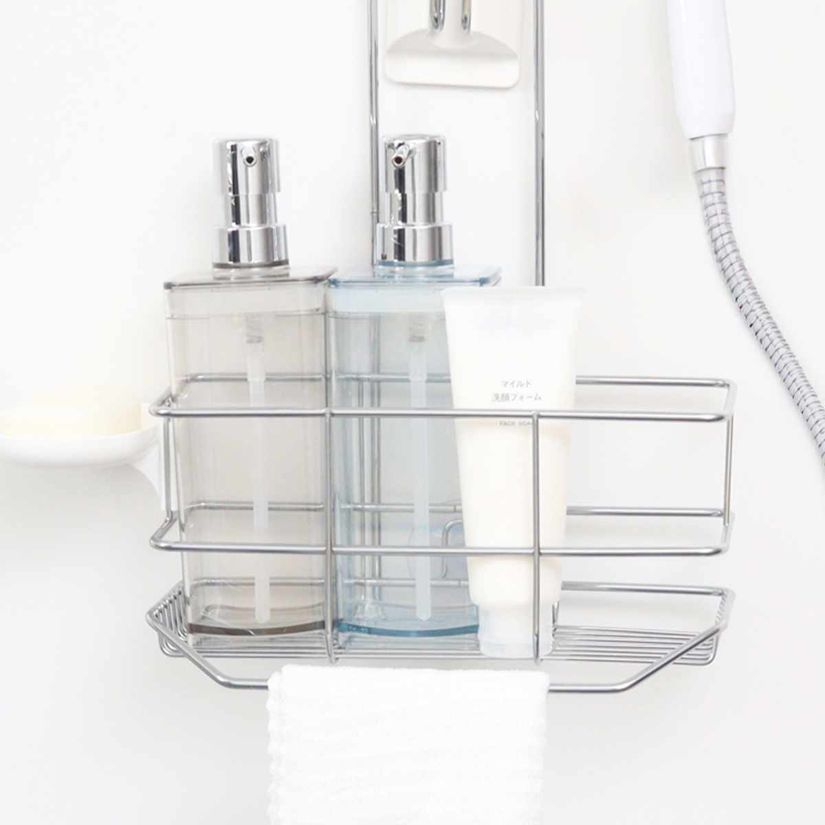 シャワーラック バスストレージ お風呂 ラック バスラック 収納 ( シャンプーラック 吊り下げ シャワーフック ボトルスタンド ボトル シャンプー コンディショナー ボディーソープ チューブ 棚 タオル フック 小物 整理 省スペース )
