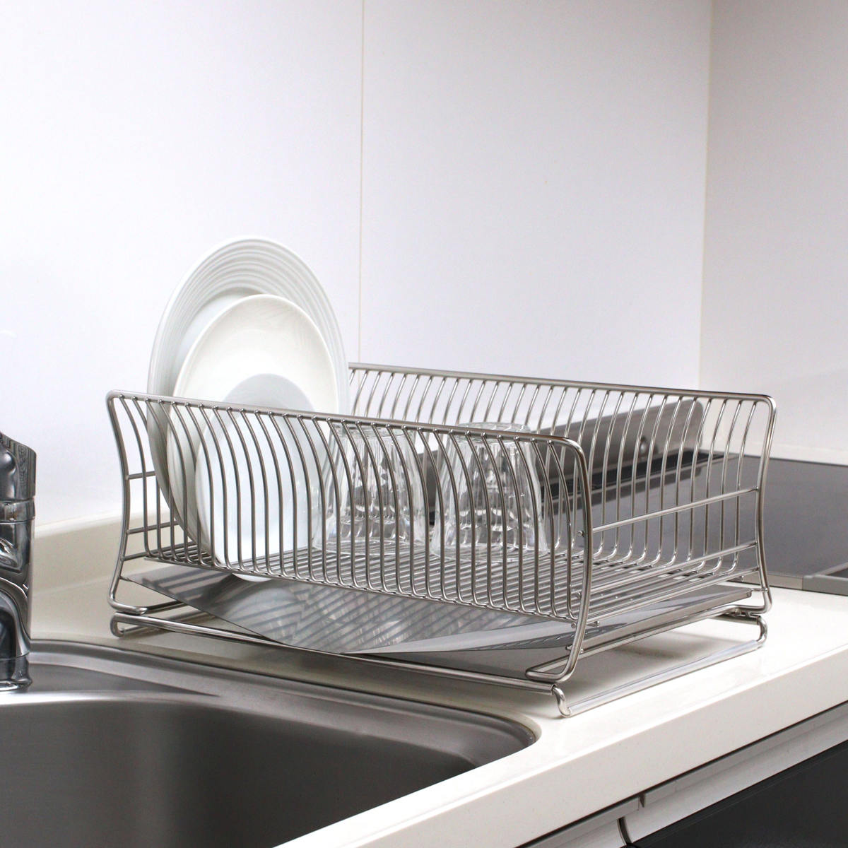 水切りかご 18-8 ステンレス製 水切りカゴ サスティナ ( 水切りラック ディッシュラック 水切りバスケット 水切り 流れる オールステンレス 伸縮 1段 トレー シンク上 シンク渡し シンク横 洗い物 食器洗い 乾燥 おすすめ )