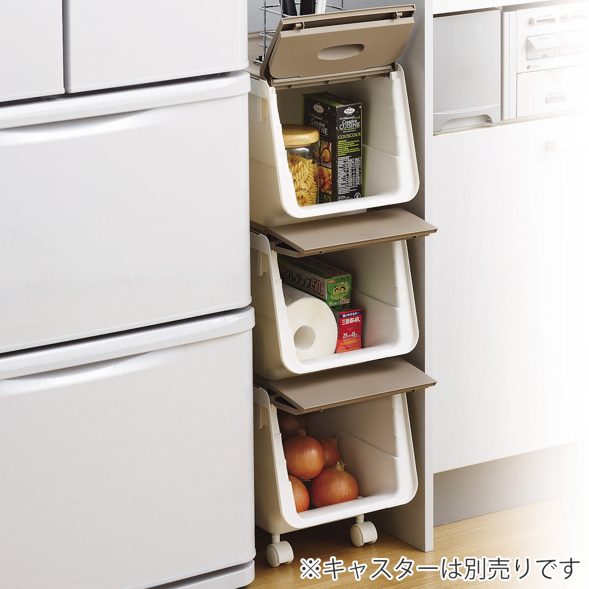 キッチンストッカー キッチン フタ付 ストッカー スリム Mサイズ ( 収納 フタ 付き ふた ケース フラップ蓋 幅24cm 日本製 スタッキング 積み重ね すき間収納 冷蔵庫横 ラック 食品 ストック プラスチック 出し入れしやすい )