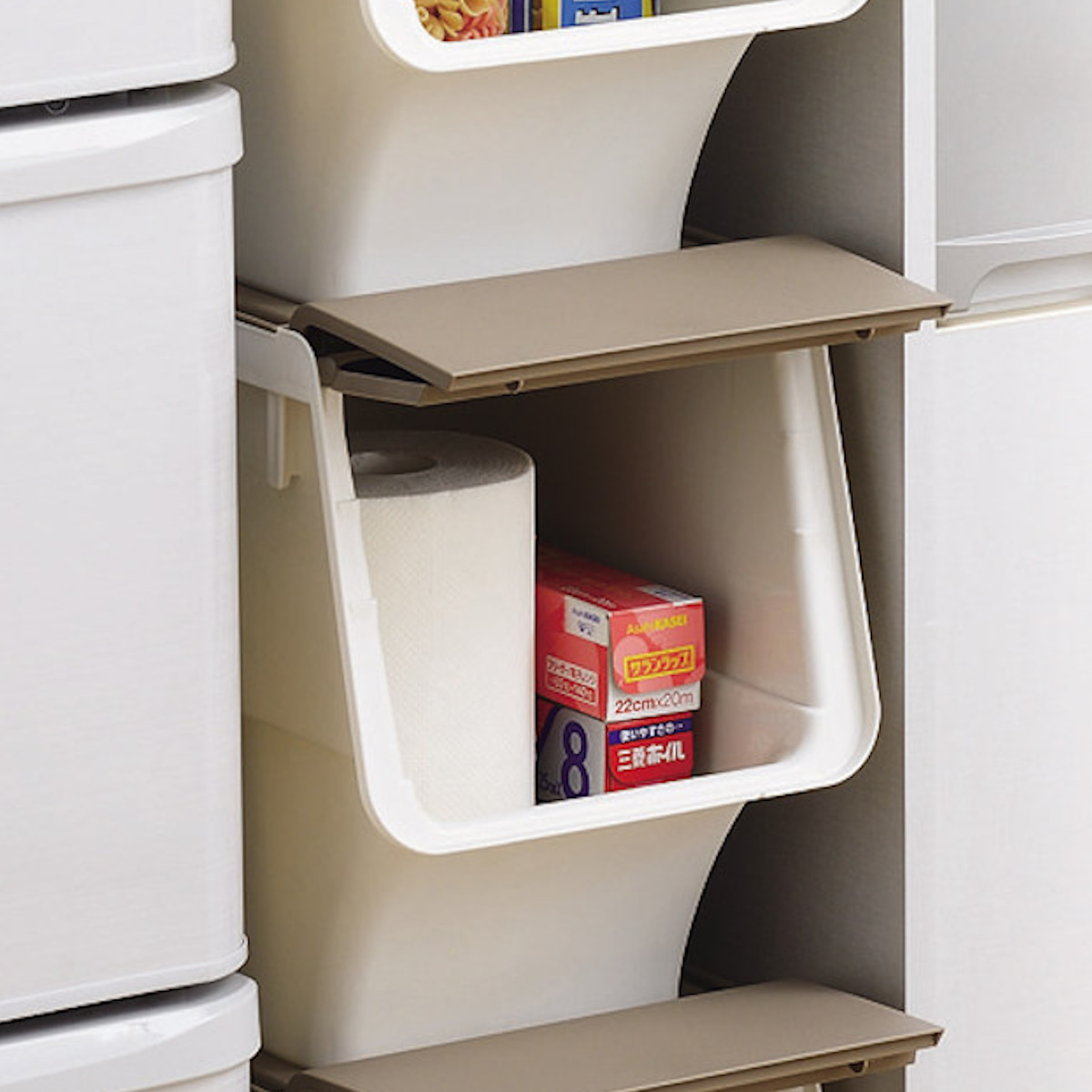 キッチンストッカー キッチン フタ付 ストッカー スリム Lサイズ ( 収納 フタ 付き ふた ケース フラップ蓋 幅24cm 日本製 スタッキング 積み重ね すき間収納 冷蔵庫横 ラック 食品 ストック プラスチック 出し入れしやすい )