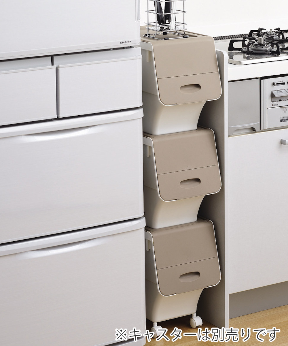 キッチンストッカー キッチン フタ付 ストッカー スリム Lサイズ ( 収納 フタ 付き ふた ケース フラップ蓋 幅24cm 日本製 スタッキング 積み重ね すき間収納 冷蔵庫横 ラック 食品 ストック プラスチック 出し入れしやすい )