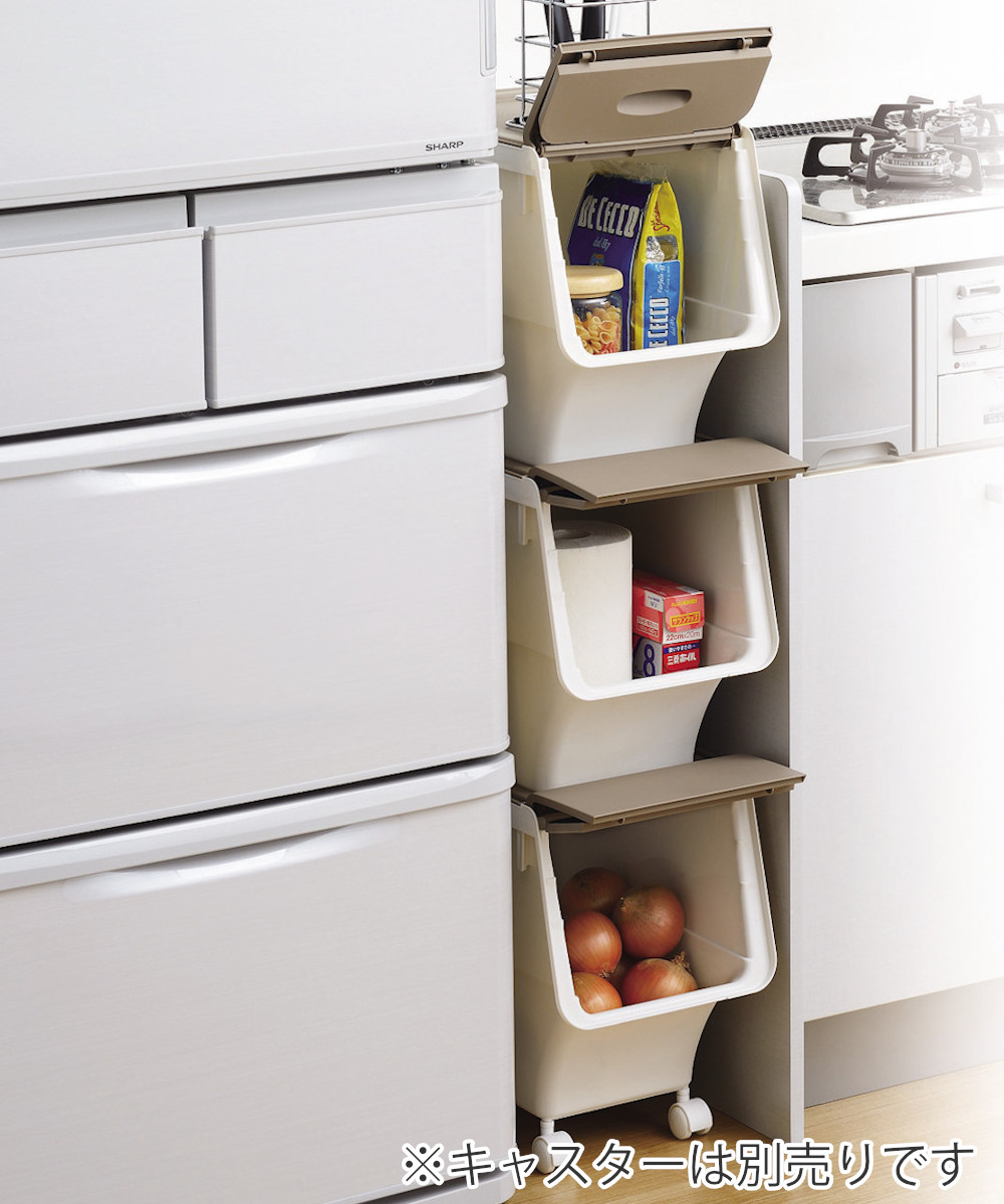 キッチンストッカー キッチン フタ付 ストッカー スリム Lサイズ ( 収納 フタ 付き ふた ケース フラップ蓋 幅24cm 日本製 スタッキング 積み重ね すき間収納 冷蔵庫横 ラック 食品 ストック プラスチック 出し入れしやすい )