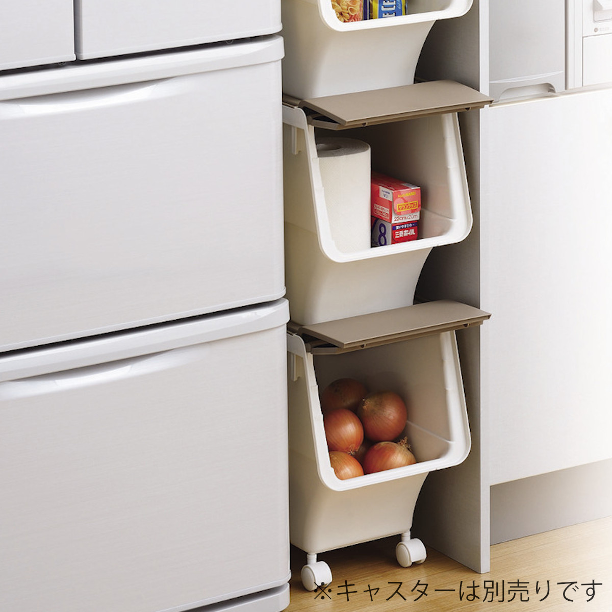 キッチンストッカー キッチン フタ付 ストッカー スリム Lサイズ ( 収納 フタ 付き ふた ケース フラップ蓋 幅24cm 日本製 スタッキング 積み重ね すき間収納 冷蔵庫横 ラック 食品 ストック プラスチック 出し入れしやすい )