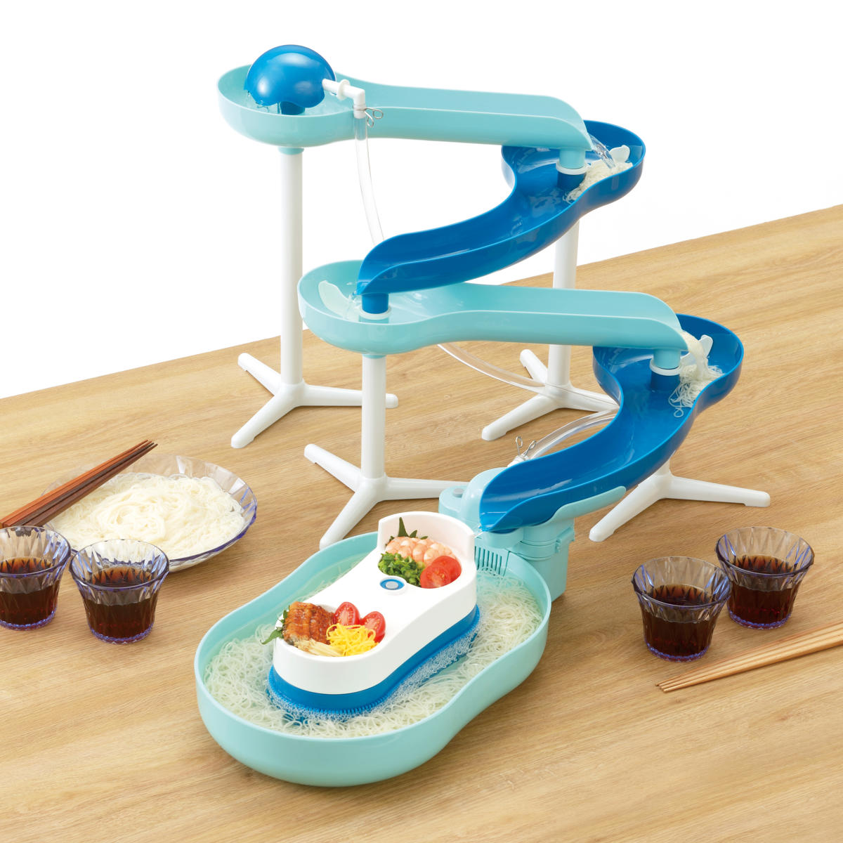 流しそうめん器 流麺 スライダーそうめん流し器 ミントブルー ( 電動 流しそうめん機 そうめん 流しそうめん 電池式 素麺 ソーメン 薬味置き パーティー 卓上 コードレス ホームパーティー )