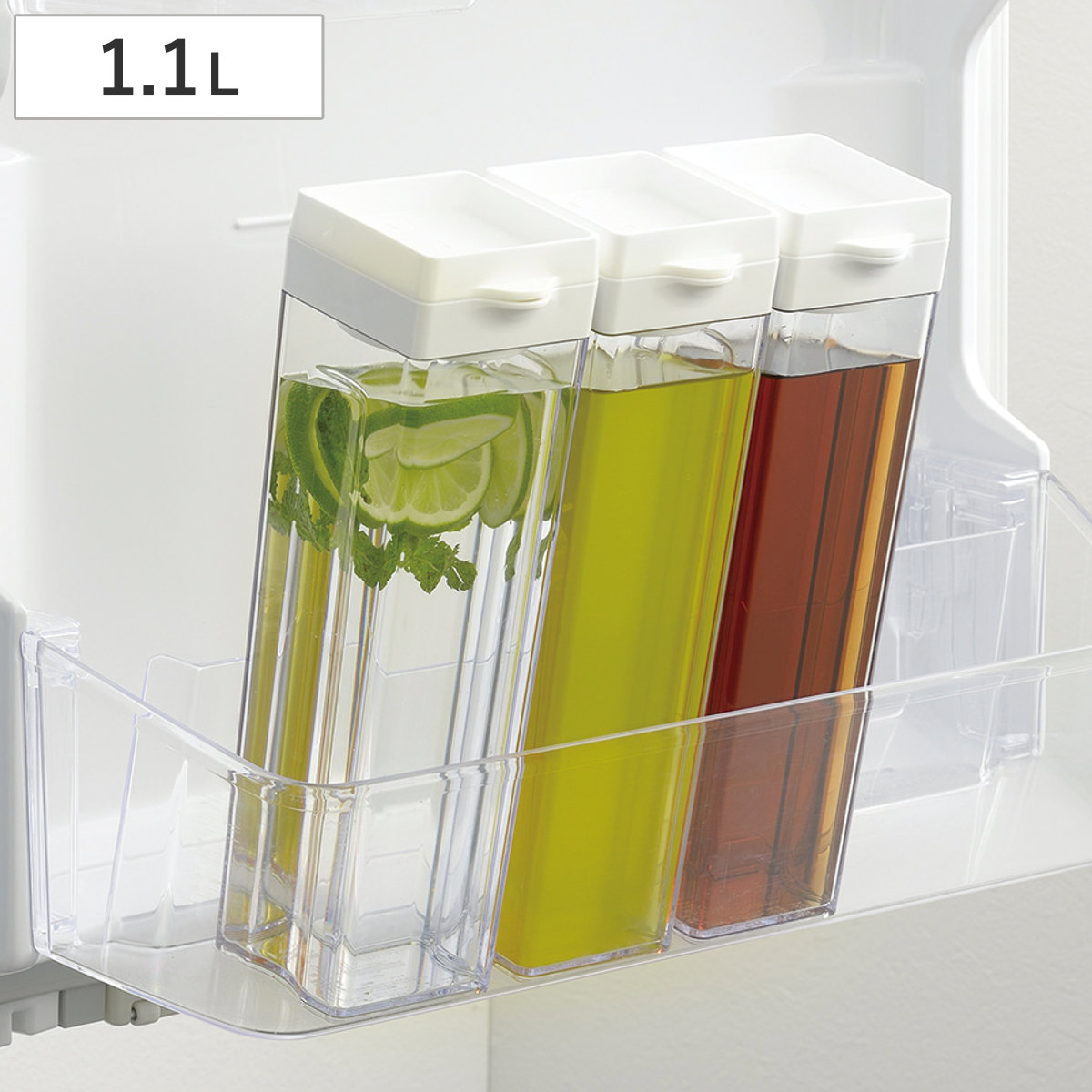 冷水ポット 1.1L ドアポケットにぴったり冷水ポット シームレス栓 ( ピッチャー 冷水筒 日本製 冷蔵庫横 プラスチック 麦茶ポット 角型 ドアポケット 軽い 割れにくい クリア 麦茶 水 フレーバーウォーター )