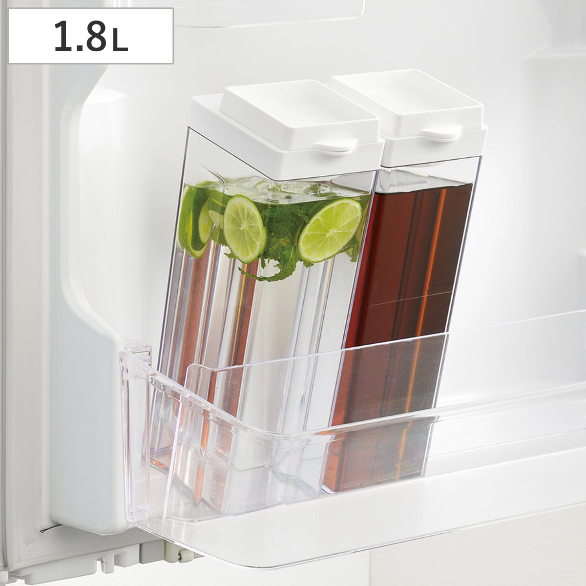 冷水ポット 1.8L ドアポケットにぴったり冷水ポット シームレス栓 ( ピッチャー 冷水筒 日本製 冷蔵庫横 プラスチック 麦茶ポット 角型 ドアポケット 軽い 割れにくい クリア 麦茶 水 フレーバーウォーター )