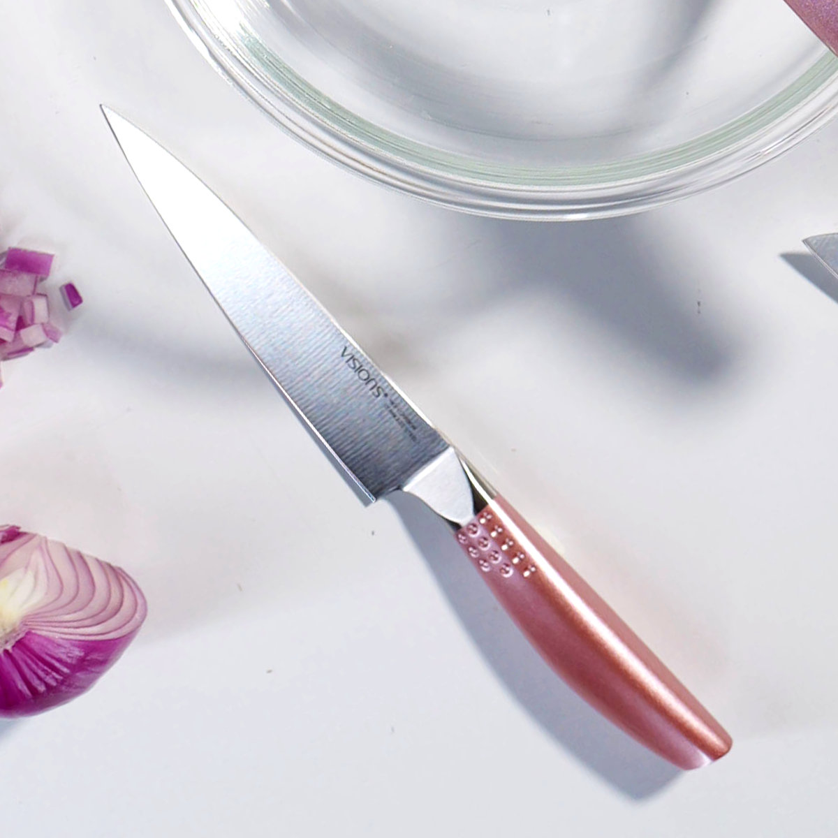 ペティナイフ 12.5cm VISIONS 食洗機対応 ( 果物包丁 果物ナイフ 小型包丁 洋包丁 ナイフ オールステンレス 12.5センチ 錆びにくい 切れ味抜群 調理小物 調理道具 下ごしらえ用品 ピンク おしゃれ ビジョン )