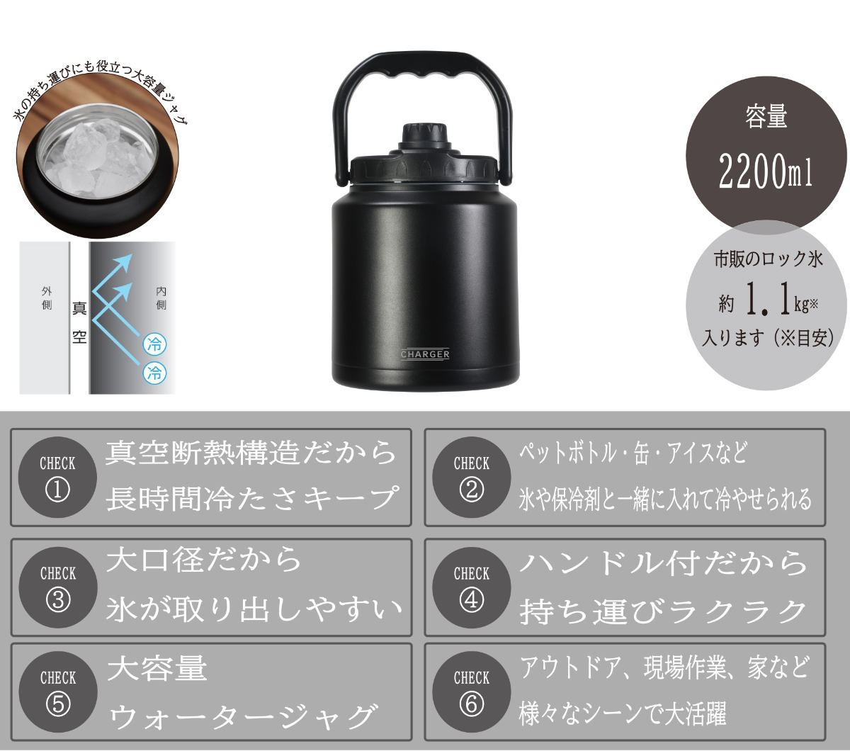 水筒 2.2L チャージャー アイスコンテナジャグ2200 保冷 ( 大容量 直飲み 2リットル スポーツ 保冷専用 スポーツジャグ スポーツボトル ダイレクトボトル アイスコンテナ 氷入れ容器 広口 ハンドル付き タンク 持ち運び 取っ手付き )