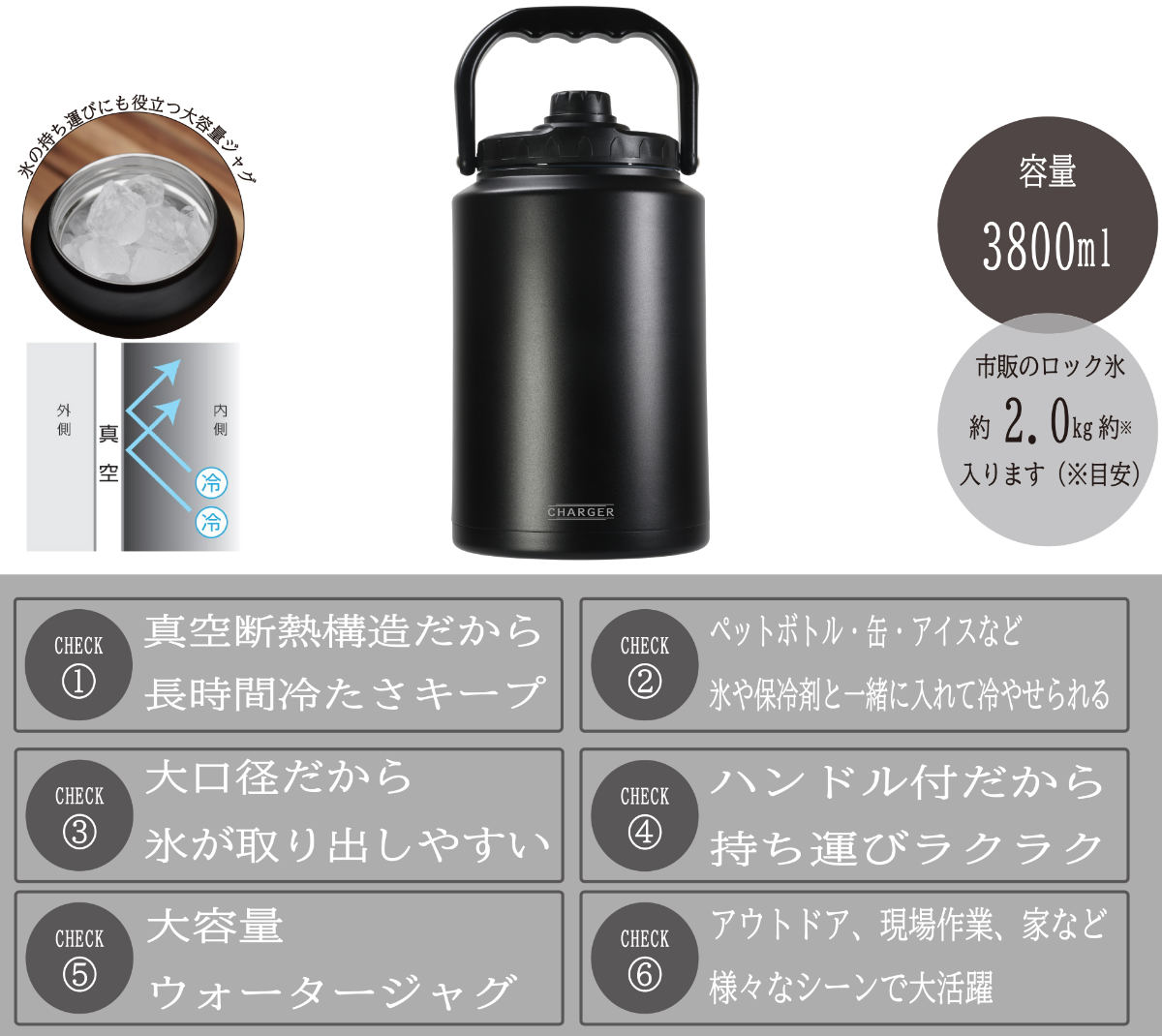 水筒 3.8L チャージャー アイスコンテナジャグ3800 保冷 ( 大容量 直飲み 3リットル スポーツ 保冷専用 スポーツジャグ スポーツボトル ダイレクトボトル アイスコンテナ 氷入れ容器 広口 ハンドル付き タンク 持ち運び 取っ手付き )