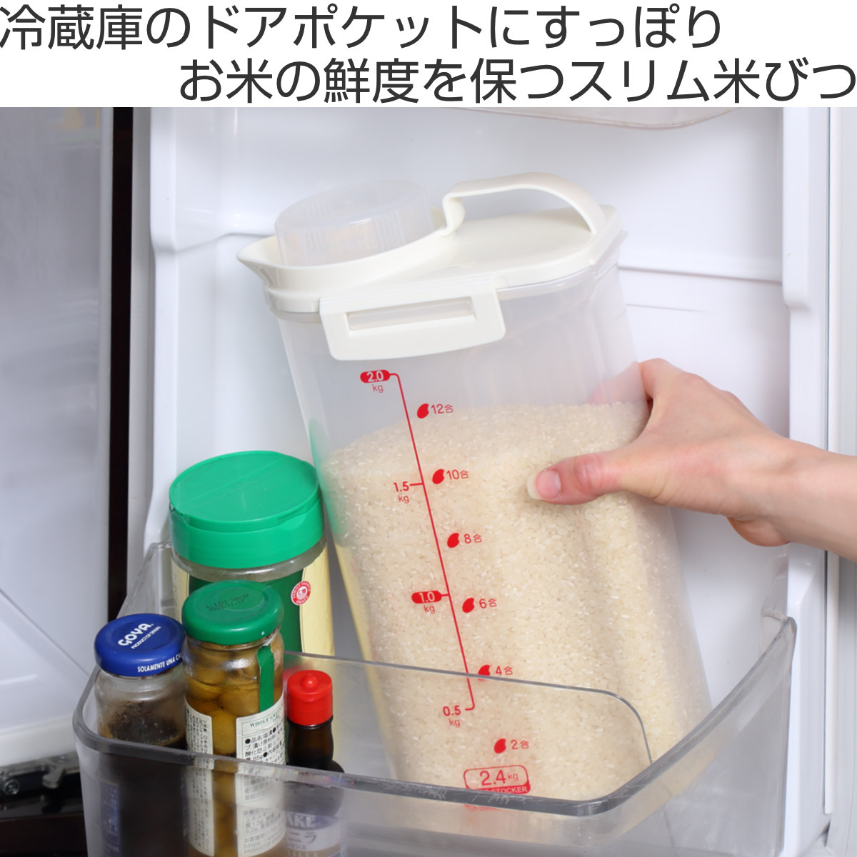 米びつ 2.4kg 密閉 ハンディライスストッカー 冷蔵庫 ( 冷蔵庫 計量カップ 日本製 プラスチック 米櫃 こめびつ 保存容器 スリム ドアポケット お米収納 お米保管 ライスストッカー 米 お米 コメビツ 2.4キロ )