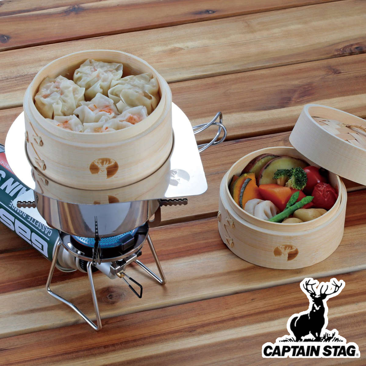 SHIKA-SEIRO キャプテンスタッグ ( CAPTAIN STAG 蒸し器 セイロ 2段タイプ 持ち運び 収納袋付き 13センチ 蒸籠 竹 蒸し 中華蒸篭 中華蒸籠 点心 飲茶 小籠包 焼売 肉まん シュウマイ )