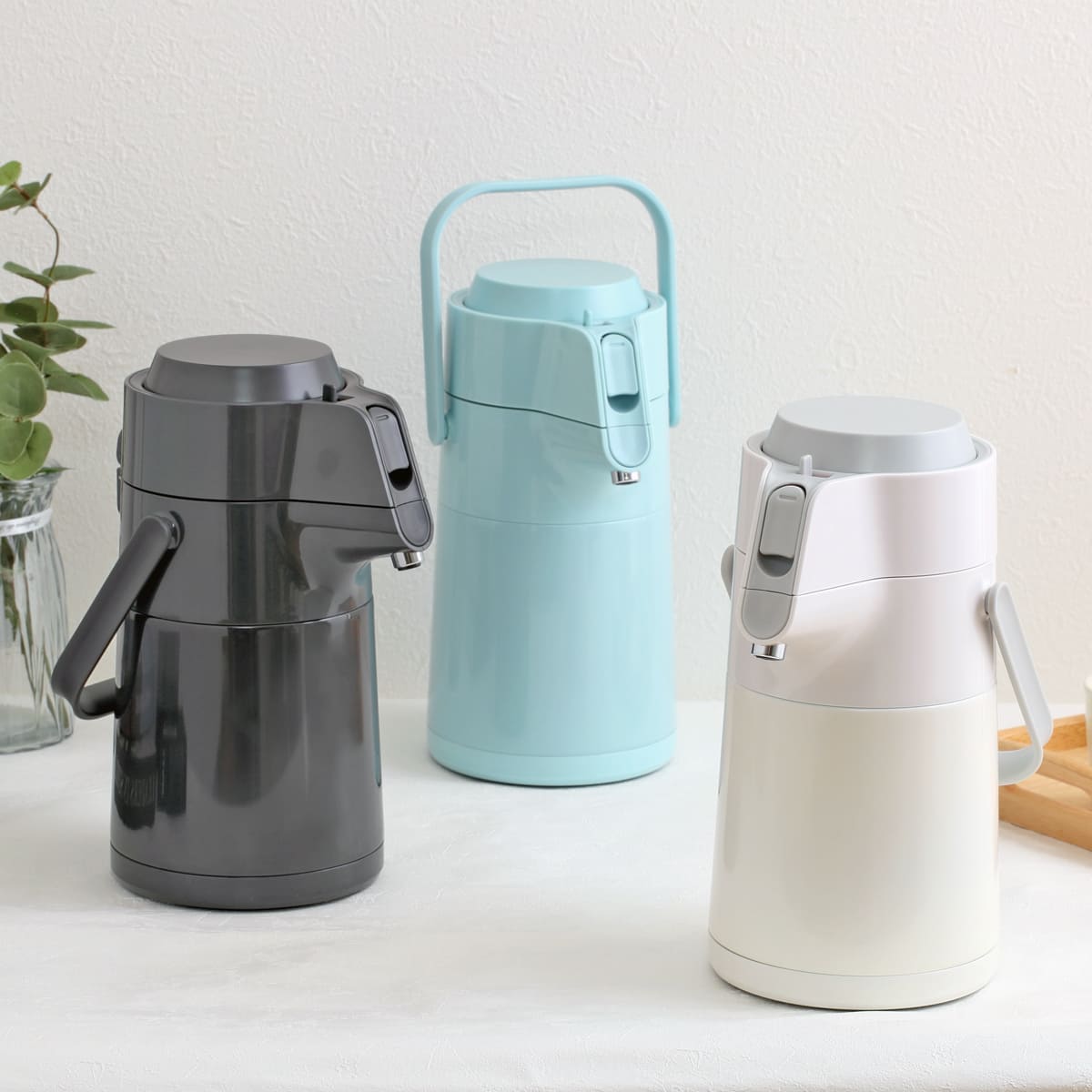 卓上ポット 2.2L エコステージ 魔法瓶 ステンレス ( ポット エアーポット 保温 保冷 魔法瓶ポット コードレス 取っ手付き 卓上 テーブルポット まほうびん 押すだけ 保温保冷 持ち手 おしゃれ かわいい ) 【ミルキーホワイト】 ミルキーホワイト